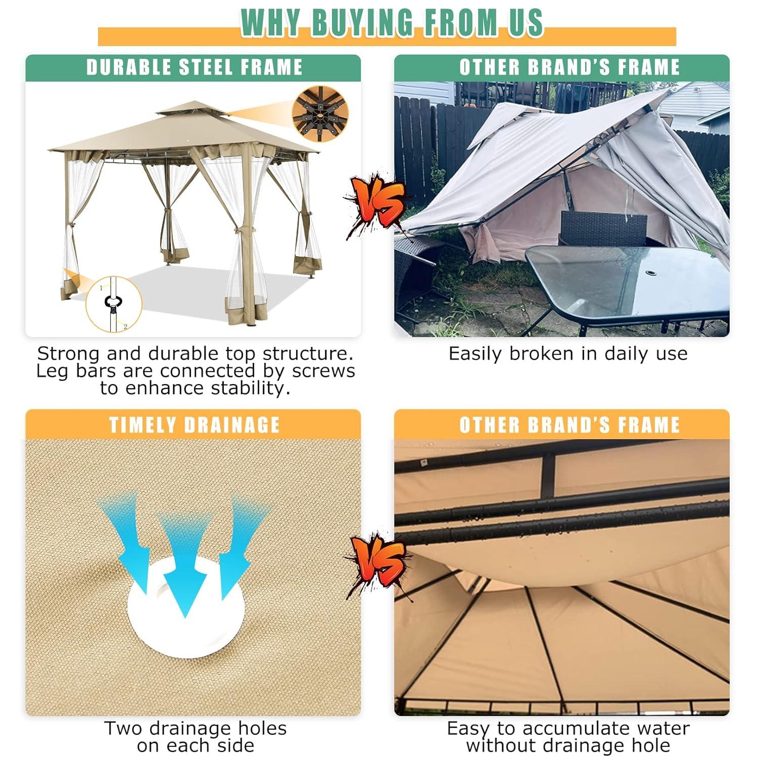 HOTEEL 10x20 Gazebo on Clearance, Outdoor Gazebo Tent with Mosquito Netting and Ventilated Double Flat Roof, Easy Set up Canopy Tent with Stable Metal Frame for Patio, Khaki (Upgraded 2.0)