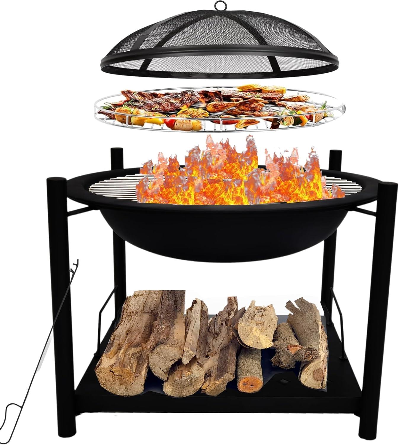 SereneLife Portable Outdoor Wood Fire Pit - 2-in-1 Steel BBQ Grill 26" Wood Burning Fire Pit Bowl w/ Mesh Spark Screen, Cover Log Grate SLCARFP54