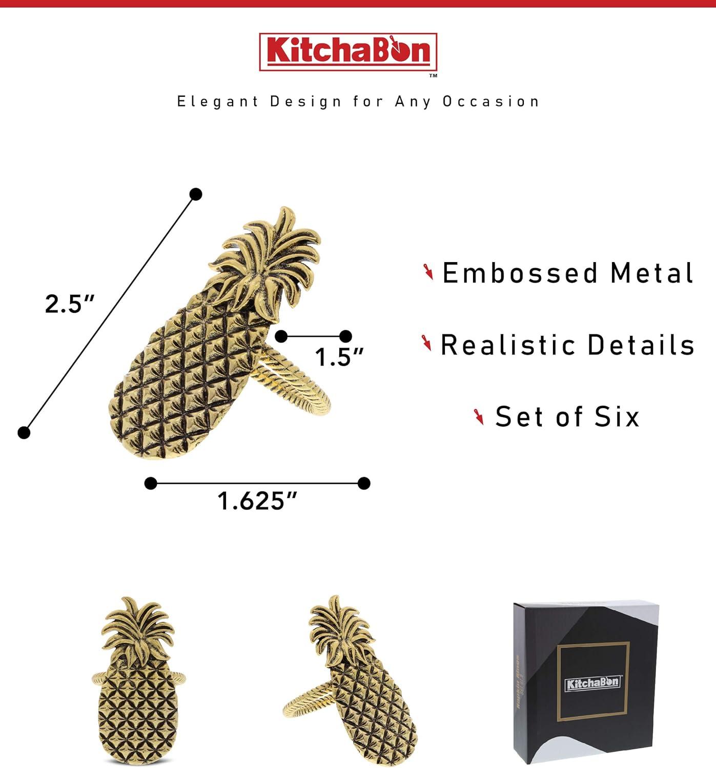Golden Pineapple Embossed Metal Napkin Rings Set of 6