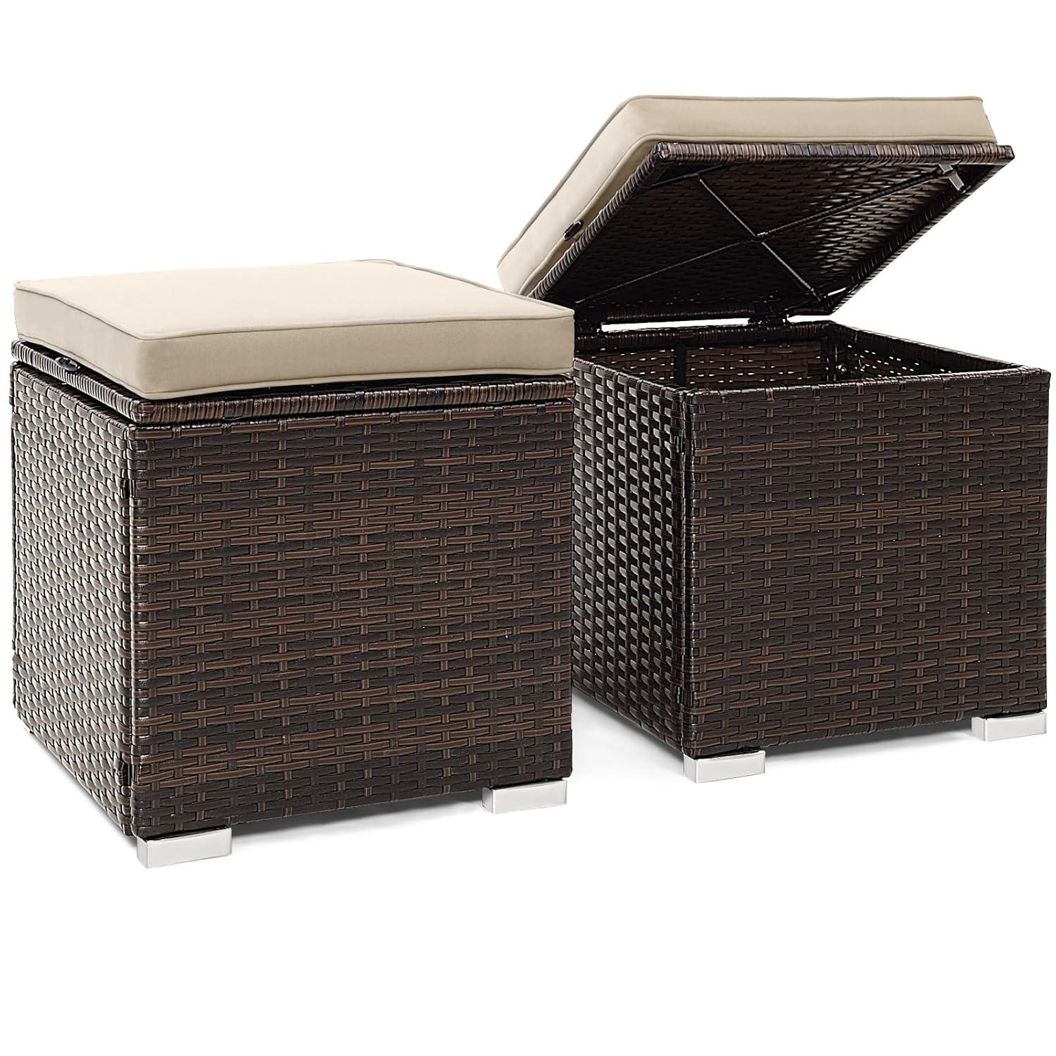 Navy Cushioned PE Rattan Storage Ottomans Set