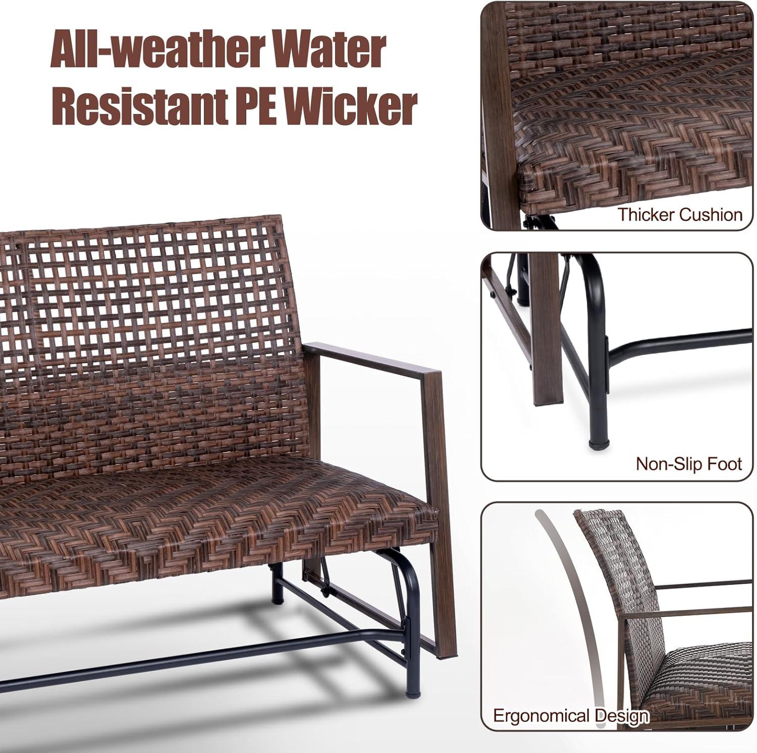 Wicker 2 Person Patio Glider with Double Weaved Wicker Seat, Powder Coated Frame, 50" W x 25.5" D x 35.5" H, 400 Lb Weight Capacity