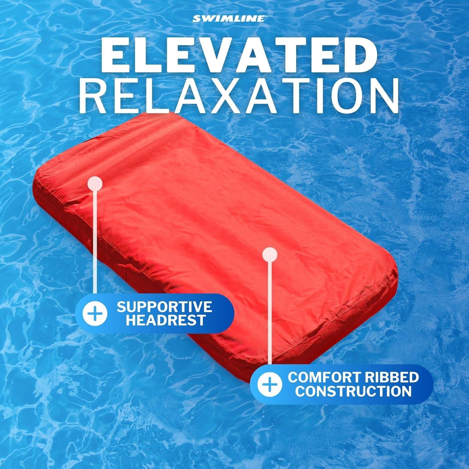 Solstice Sunsoft Fabric Covered Giant Oversized Inflatable Water Mattress Island, Pool Lake Lounge Float w/Adjustable Air Chambers, Red