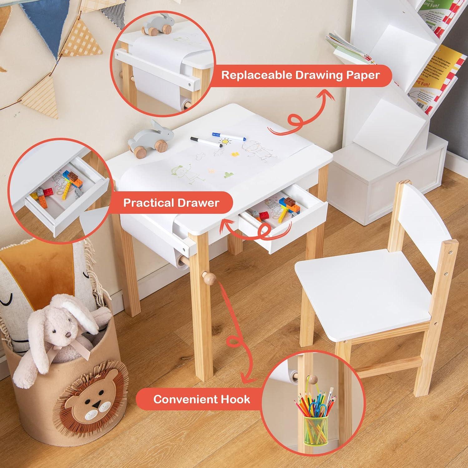 White and Natural Wooden Kids Art Table and Chair Set with Paper Roll