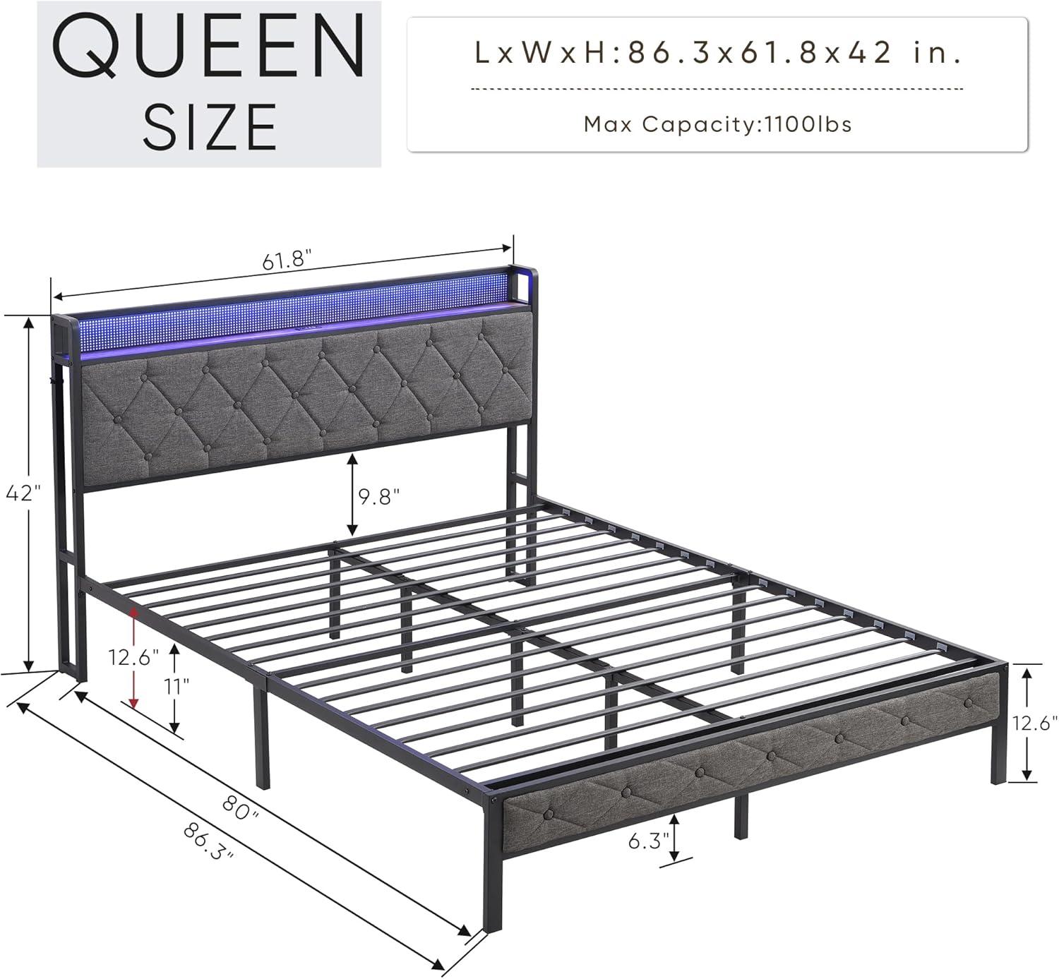 Bed With Storage Headboard, Charging Station And LED Lights, Upholstered Platform Bed Frame With Metal Slats, No Box Spring Needed, Gray