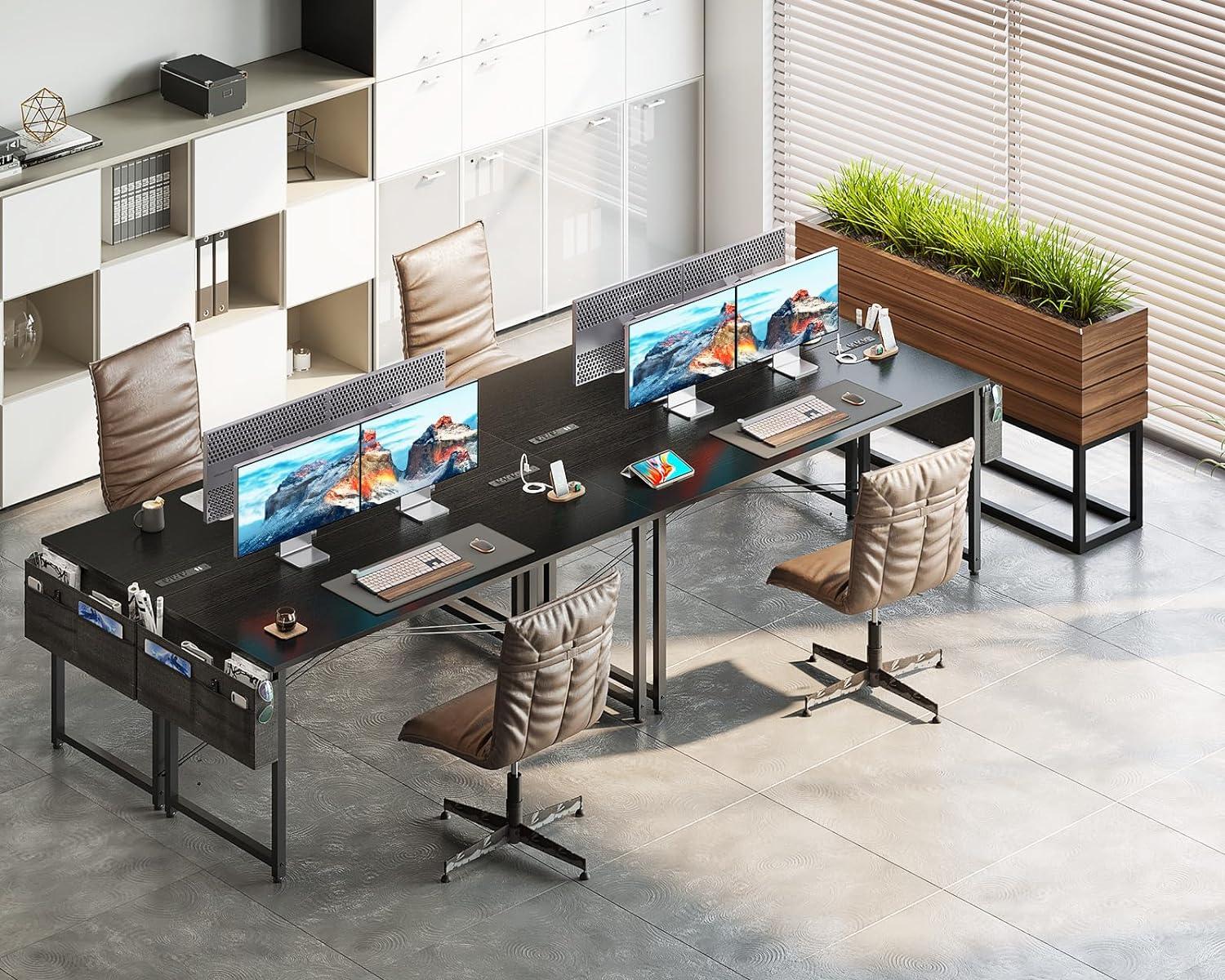 Black Rectangular Computer Desk with Power Outlet and USB Ports