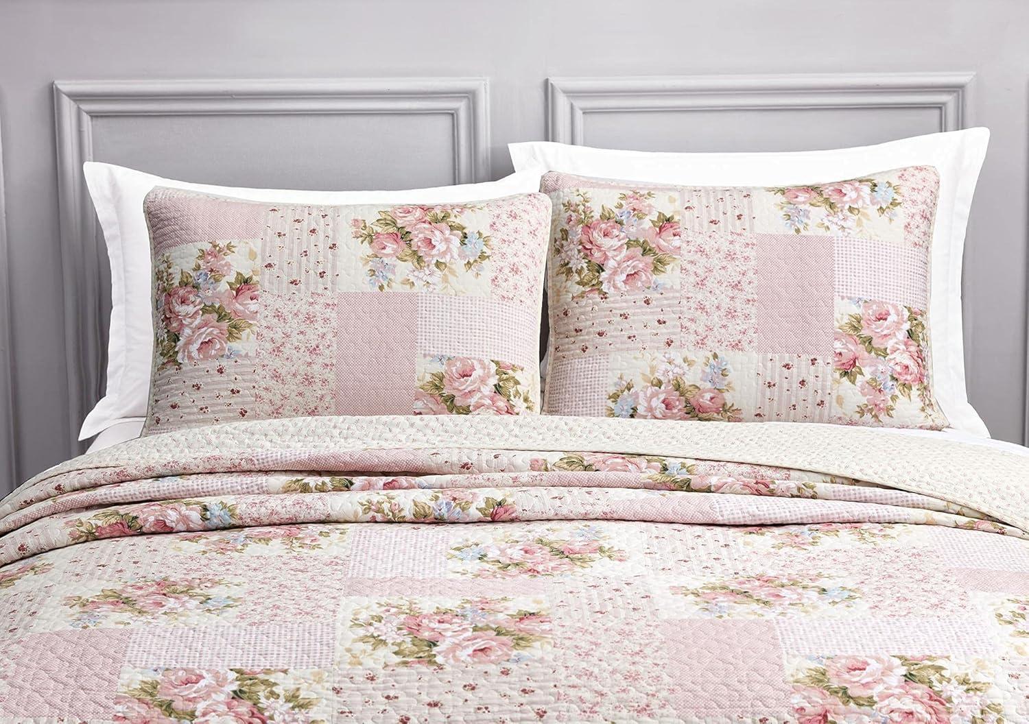 Pink Floral Patchwork Twin Reversible Cotton Quilt Set