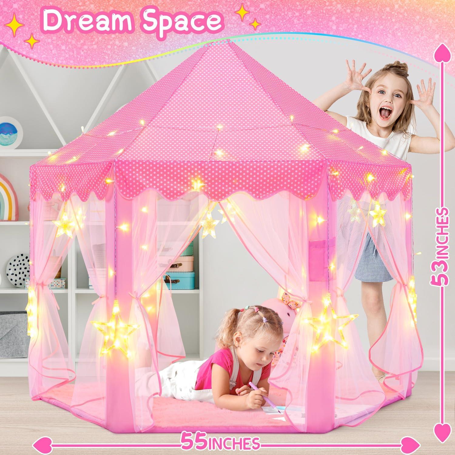 EVOIONOS Princess Tent for Girls, Kids Play Tent with LED Star Lights, Castle Playhouse for Children Indoor Outdoor Games, 55X53 inches, Pink