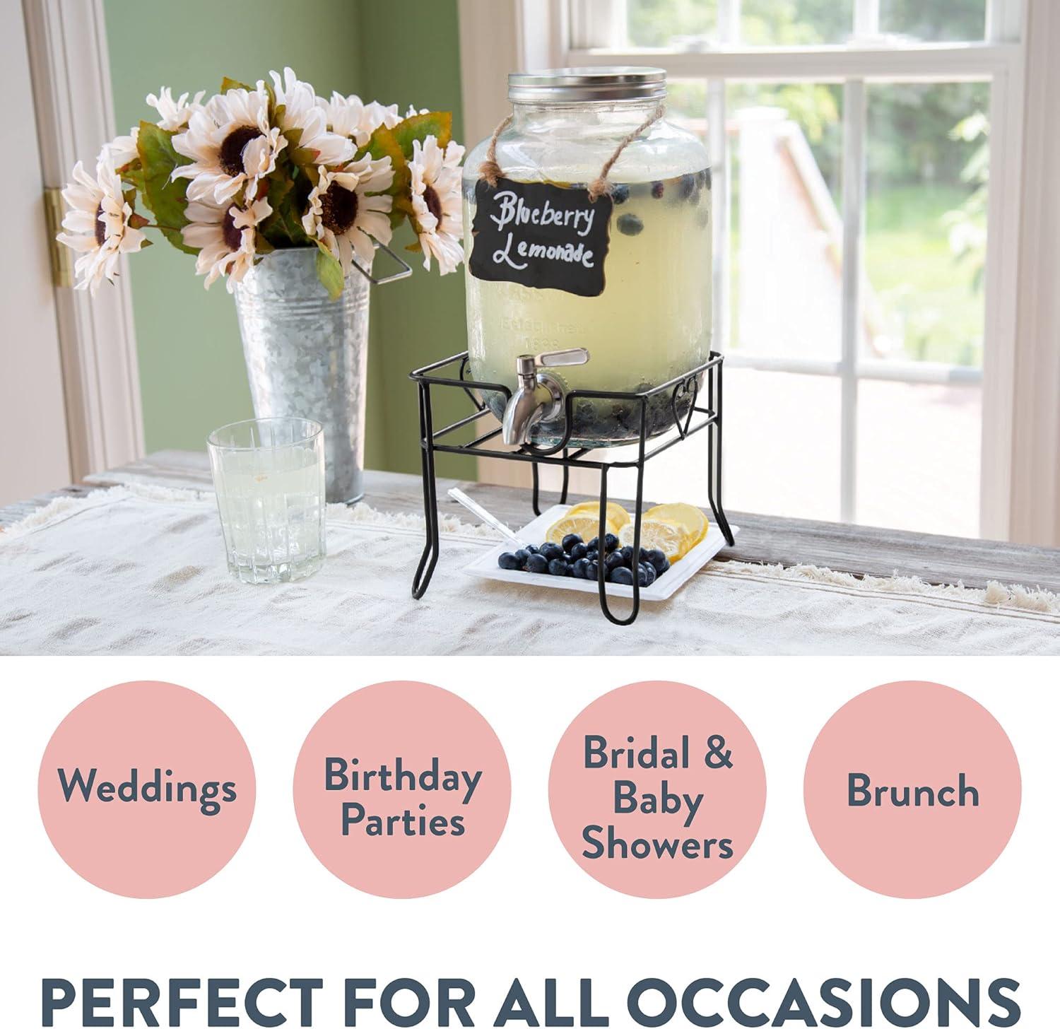 Crutello Outdoor Glass Beverage Dispenser with Stainless Steel Spigot & Ice Cylinder - 2 Gallon Drink Dispenser for Tea, Lemonade, Cold Water & More - A Family-Owned American Brand