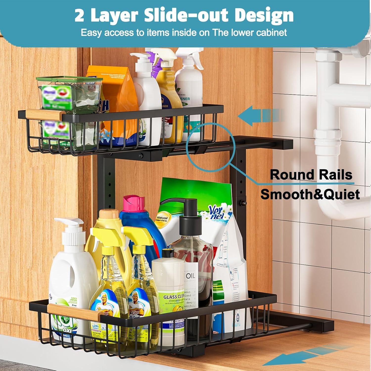 Under Sink Organizer, 2 Tier Under Sink Organizers And Storage, Metal Slide Out Pull Out Cabinet Organizer ,2 Pack Sliding Drawer Organizer For Kitchen Bathroom Pantry