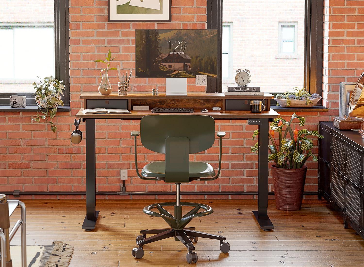 Rustic Brown Adjustable Height Standing Desk with Drawers and Shelf