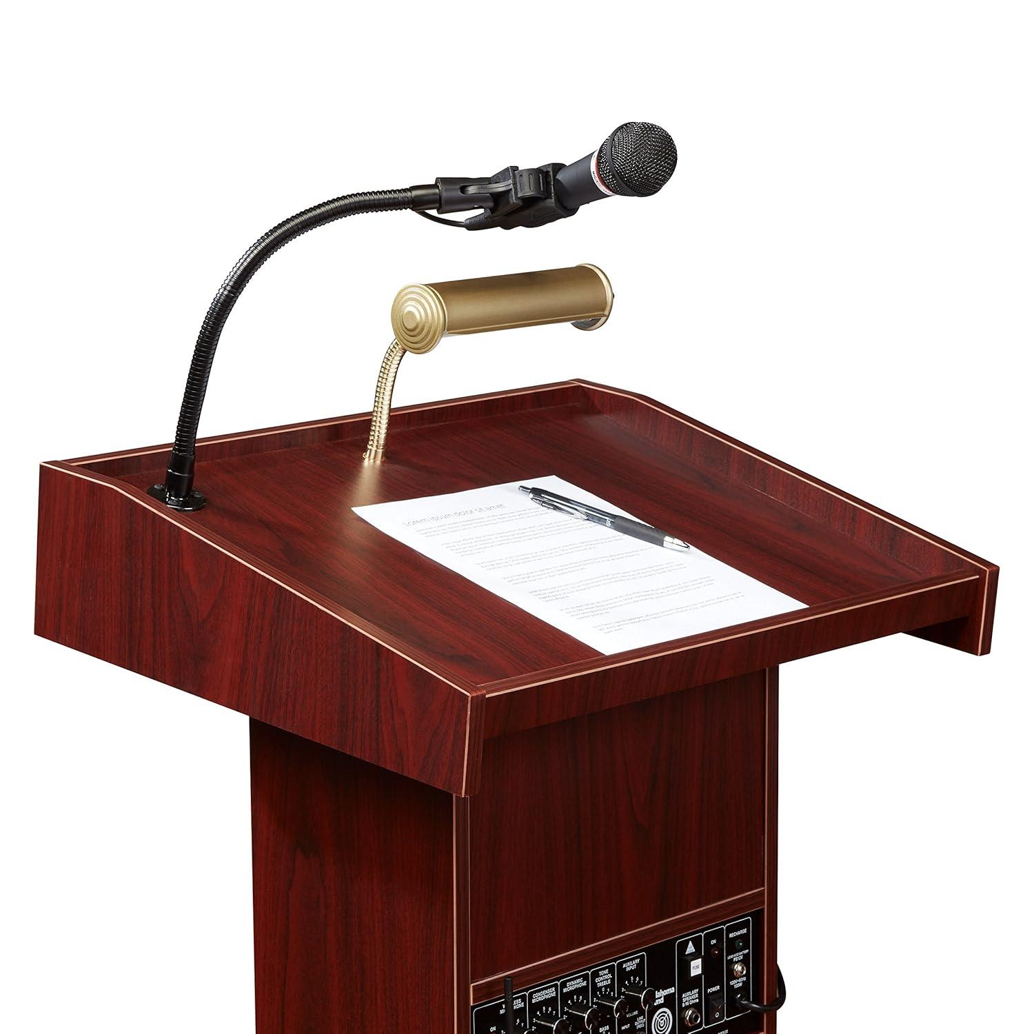 Mahogany and Black Multimedia Workstation Lectern with Brass Lamp