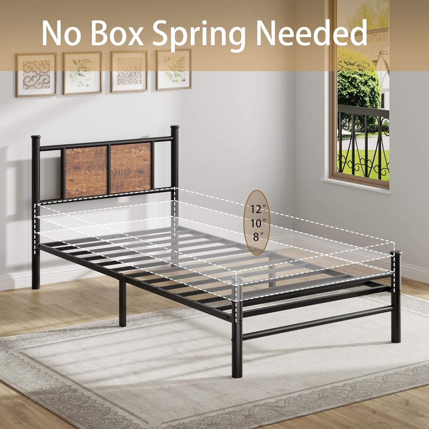 King Size Bed Frame with Rustic Wood Headboard, Metal Heavy Duty Platform, Sturdy Steel Slat Support, No Box Spring Needed, Black King Platform Bed Frame with Headboard