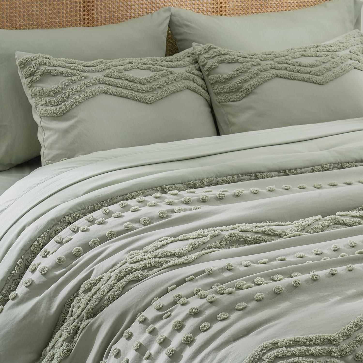 Sage Green Microfiber King Boho Comforter Set with Pom-Pom Accents