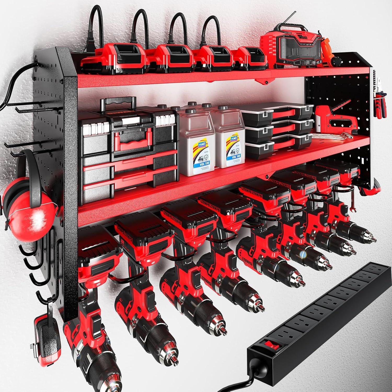 UNIVERSAL WINDOW SOLUTIONS Power Tool Organizer With Charging Station, Built In 8 Outlet Power Strip, Large 8 Drill Holder Wall Mount, Heavy Duty Metal Power Tool Storage Rack Tool Shelf For Garage Organization