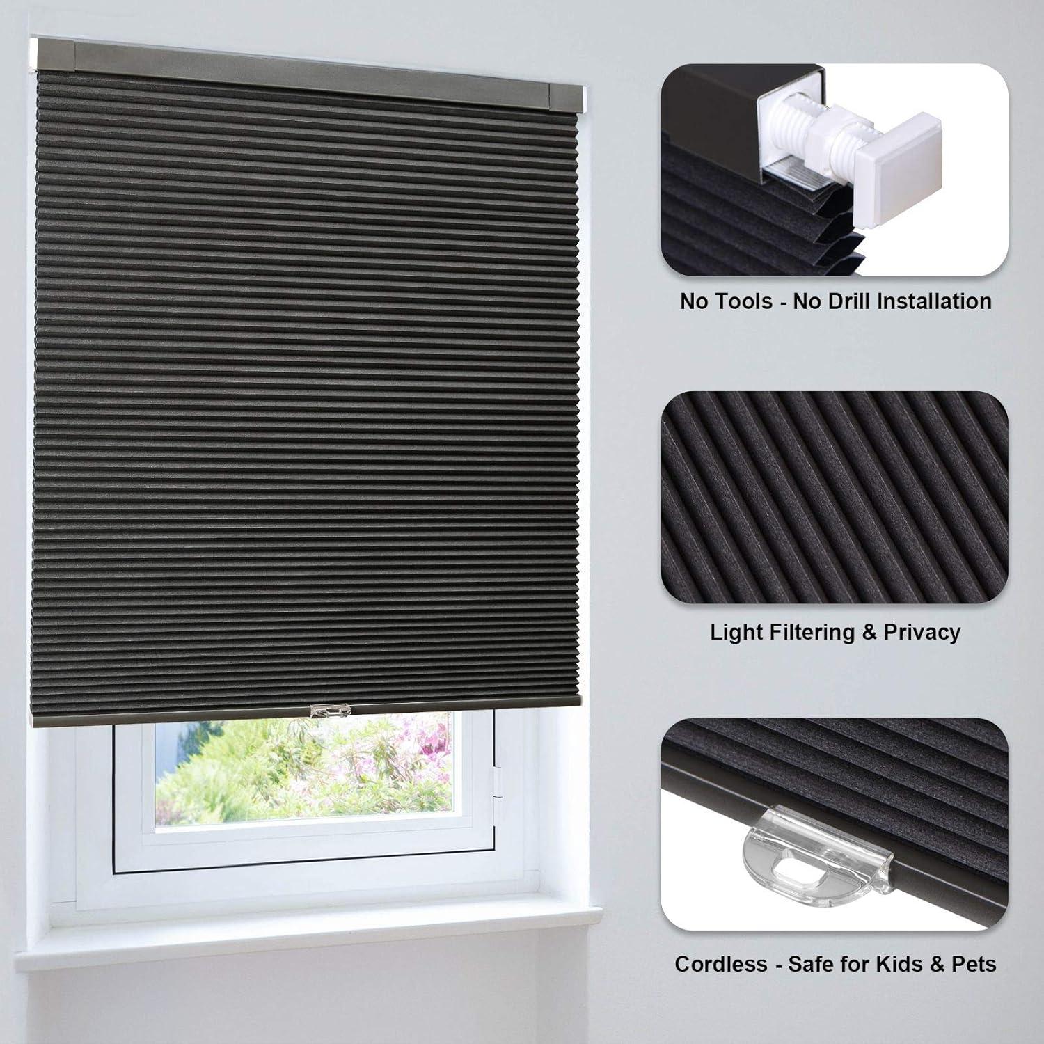 LazBlinds Cordless Cellular Shades, No Tools No Drill Blackout Honeycomb Shades Pleated Blinds for Windows, 24" W x 64" H, Midnight Black