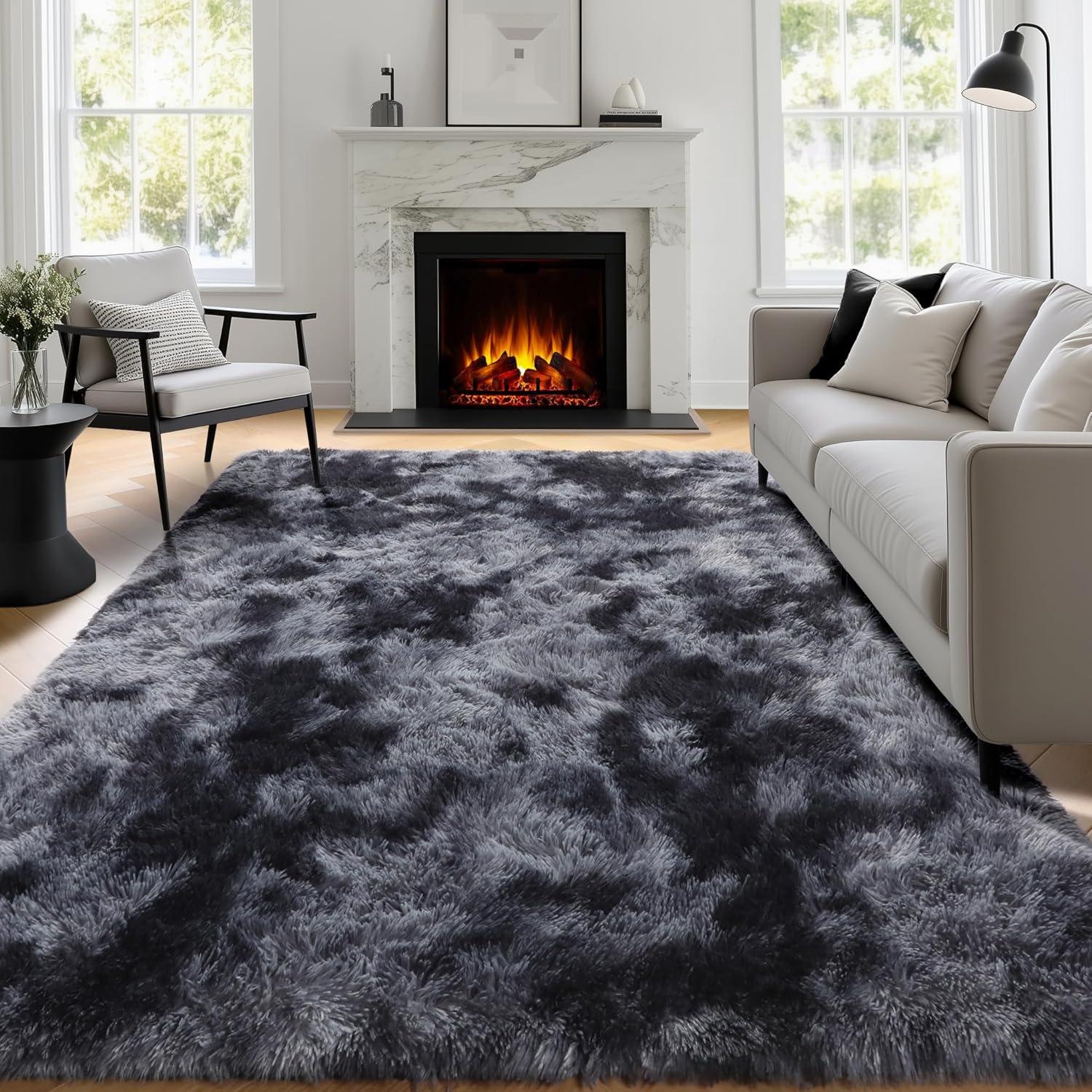 PAGISOFE Abstract Shaggy Area Rug 4' x 6' Plush Furry Rugs for Living Room, Tie-Dyed Dark Grey Soft Fluffy Rugs for Bedroom Grils Boys, Fuzzy Rugs for Nursery, Dorm. Shag Carpet for Kids Room Decor