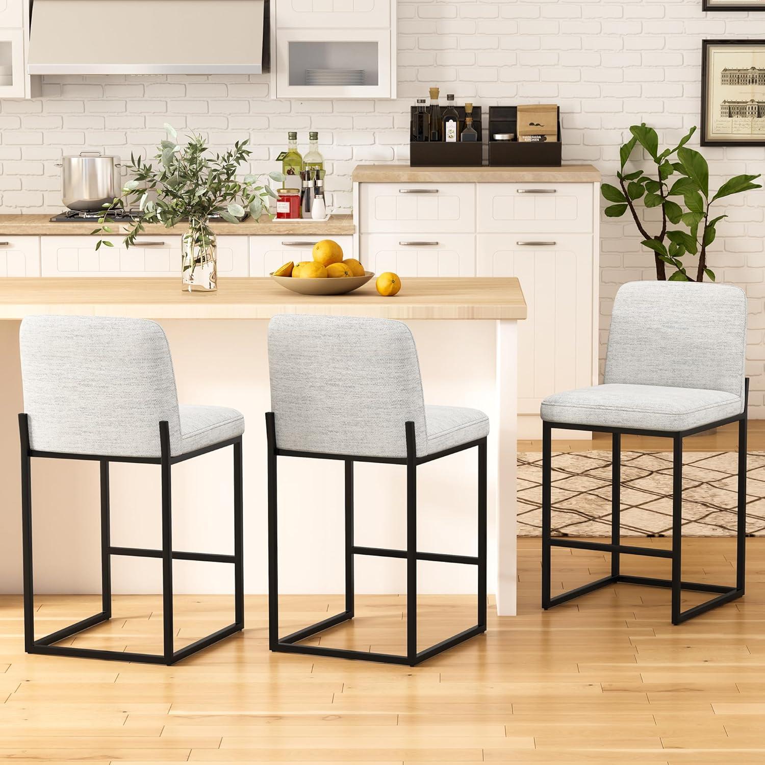 Light Gray Linen Upholstered Counter Stools with Black Metal Legs, Set of 2