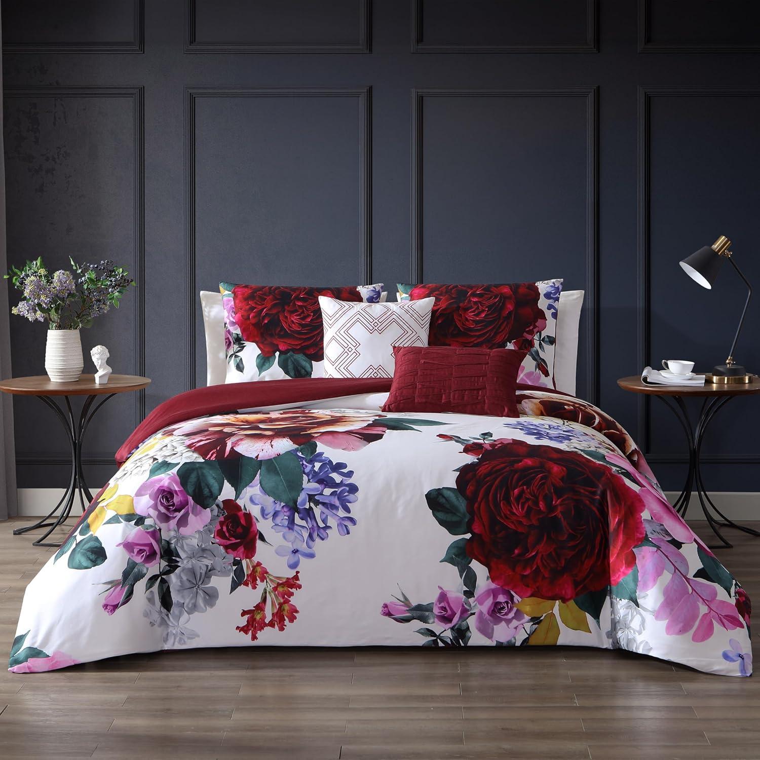 BeBeJan Bebejan Magenta Floral 100% Cotton Sateen 5 Piece Reversible Comforter Set