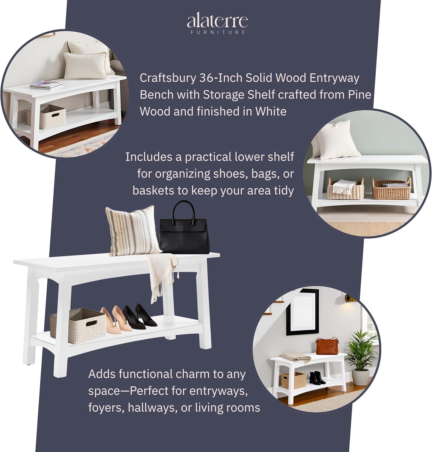 Alaterre Furniture Craftsbury 36 in. Sturdy Pine Wood Entryway Bench, 2-Person Bench Open Design Accent Furniture, White