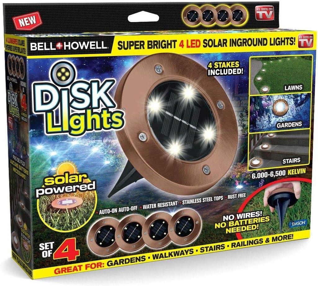 Bell + Howell Disk Lights Bronze – Heavy Duty Outdoor Solar Pathway Lights – 4 LED, Auto On/Off, Water Resistant, with Included Stakes, for Garden, Yard, Patio and Lawn, 4 Pack