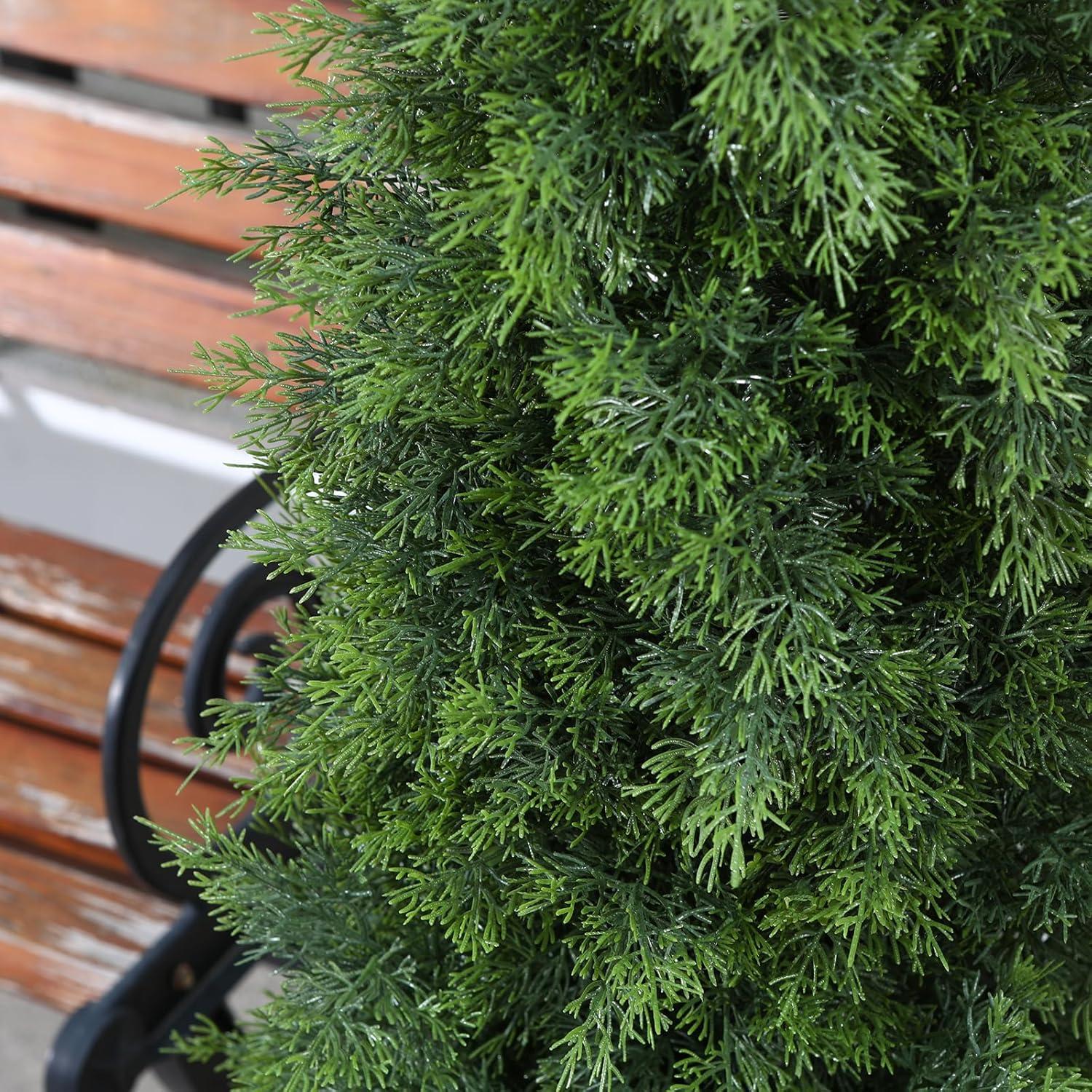 5ft Artificial Cedar Topiary Trees for Outdoors, Fake Cypress Plants with Solar Light String, Faux uv resistant Plants for Home Front Porch Decor, Housewarming Gift