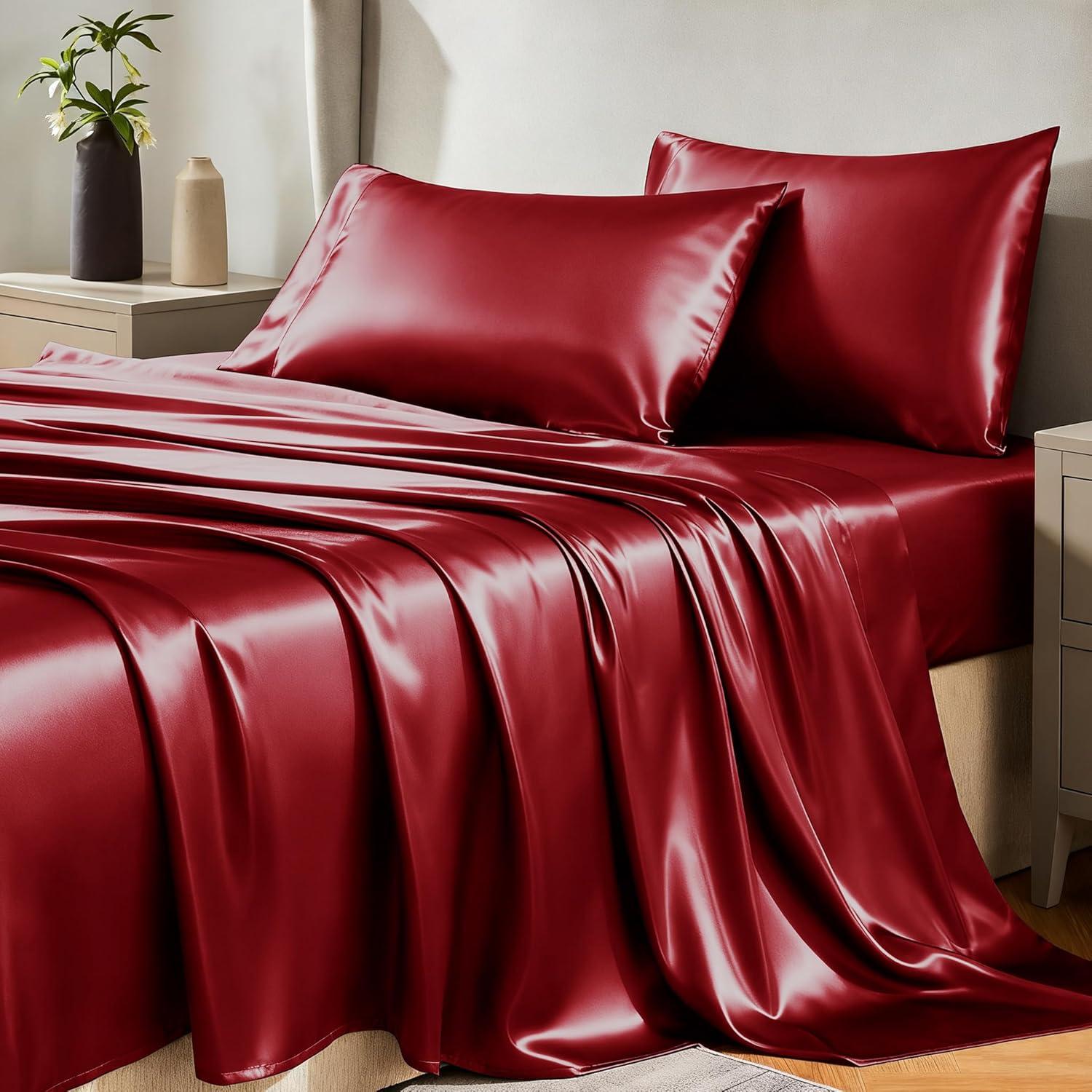 Cloud Fino Luxurious Satin Bed Sheets Burgundy Silk Sheets King 15 " Deep Pocket Pillowcases Sheet, 4-Piece