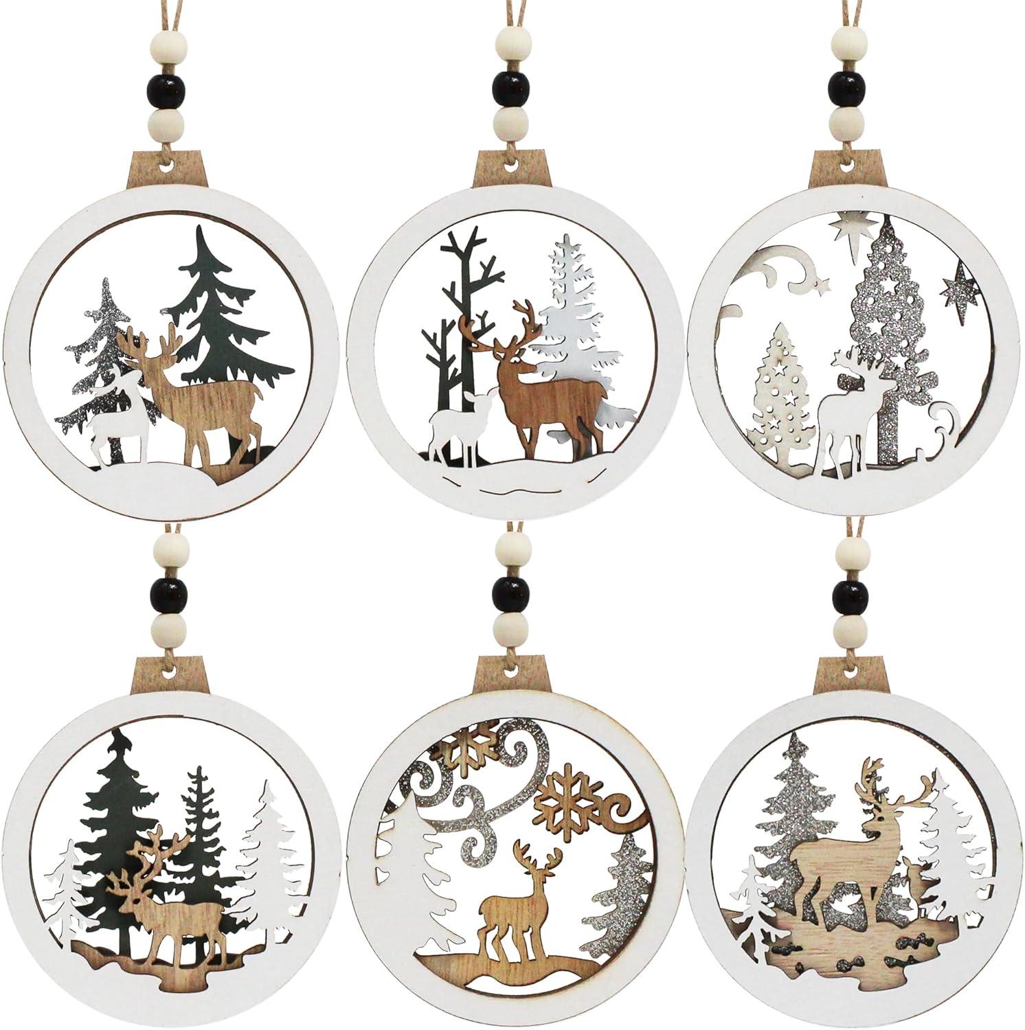 Set of 6 Multicolor Wooden Reindeer Christmas Ornaments