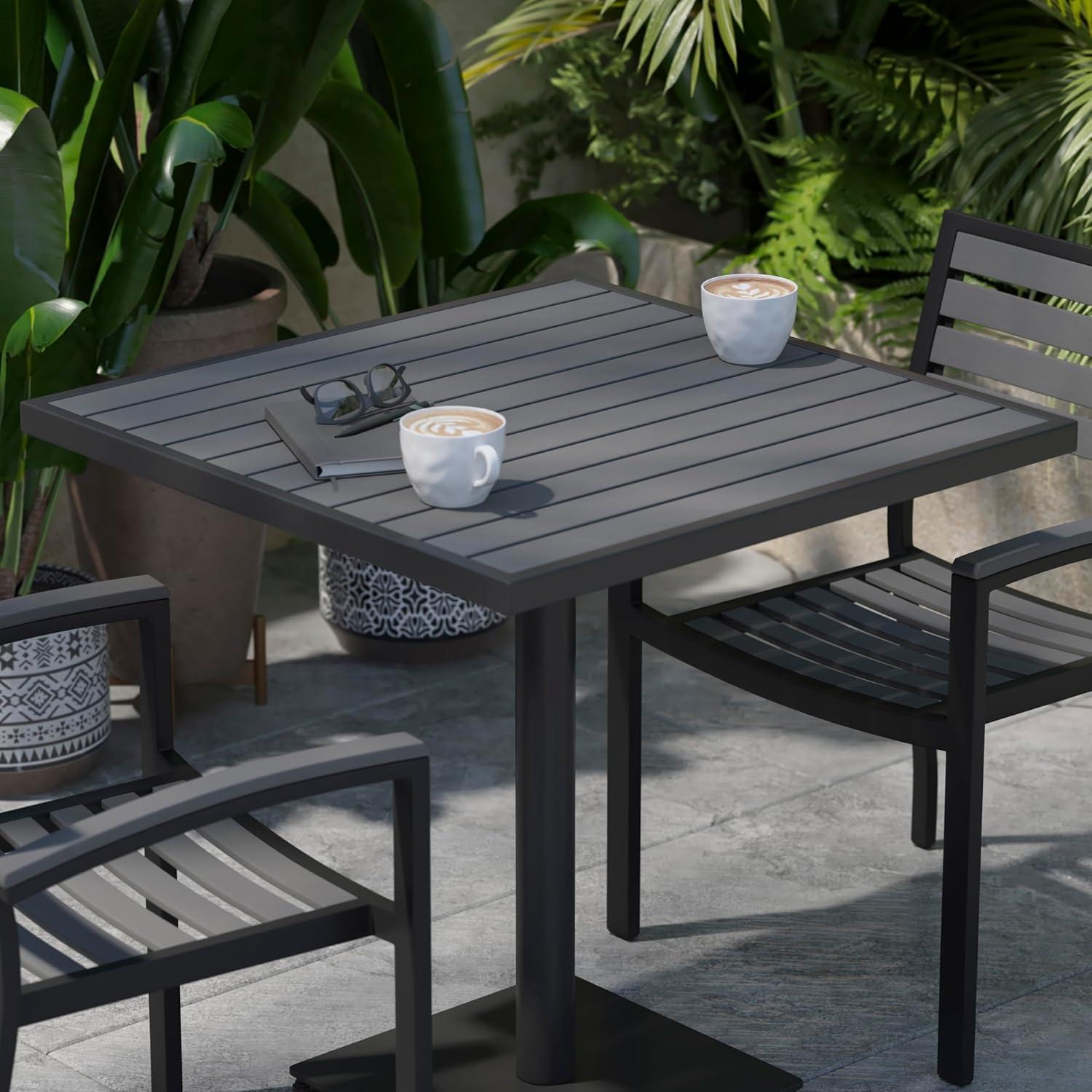 Gray Wash Teak and Black Steel Outdoor Bistro Table, 30" Square