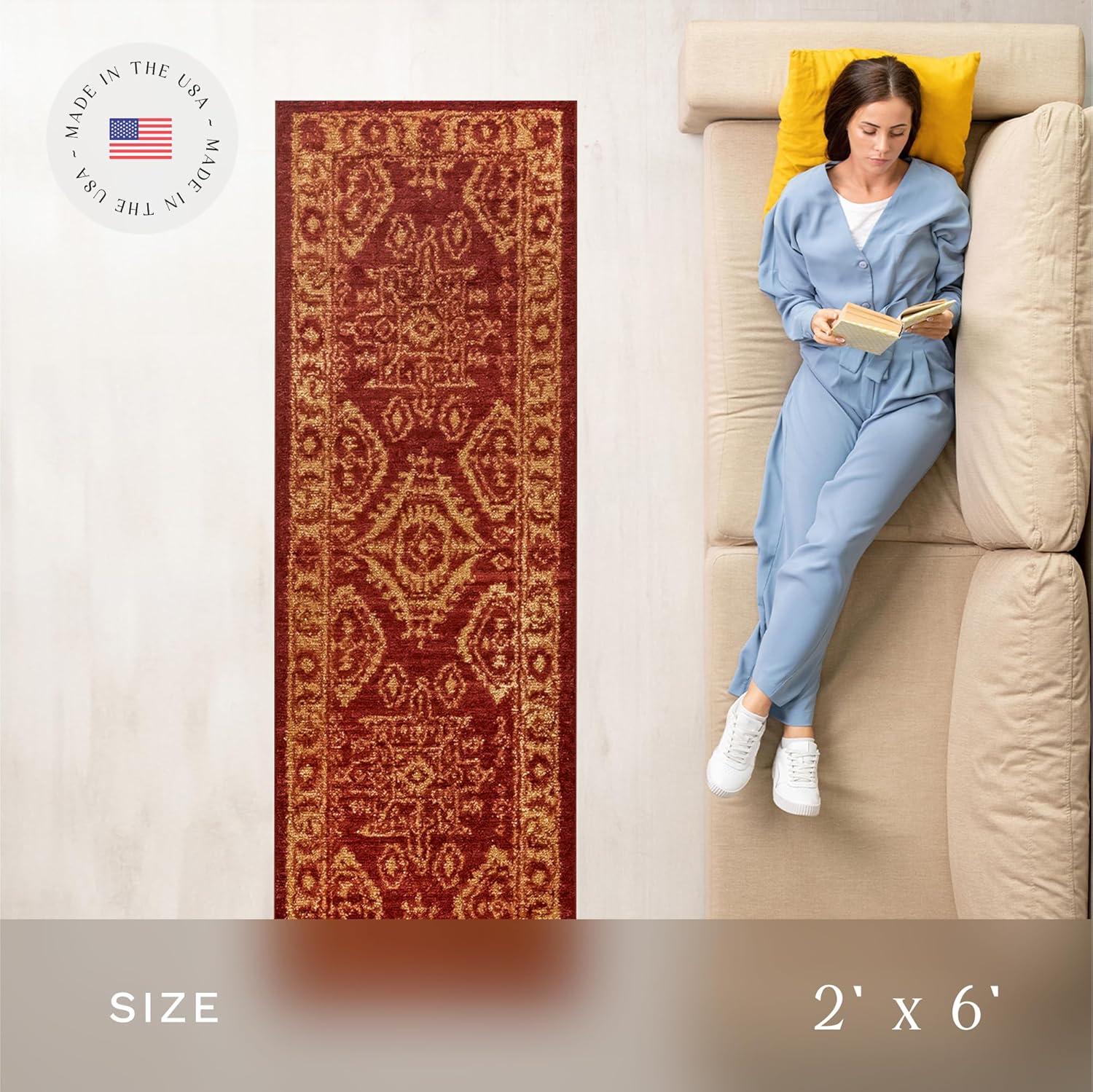 Maples Rugs Georgina Traditional Vintage Red Gold Washable Hallway Runner Rug, 2' x 6'