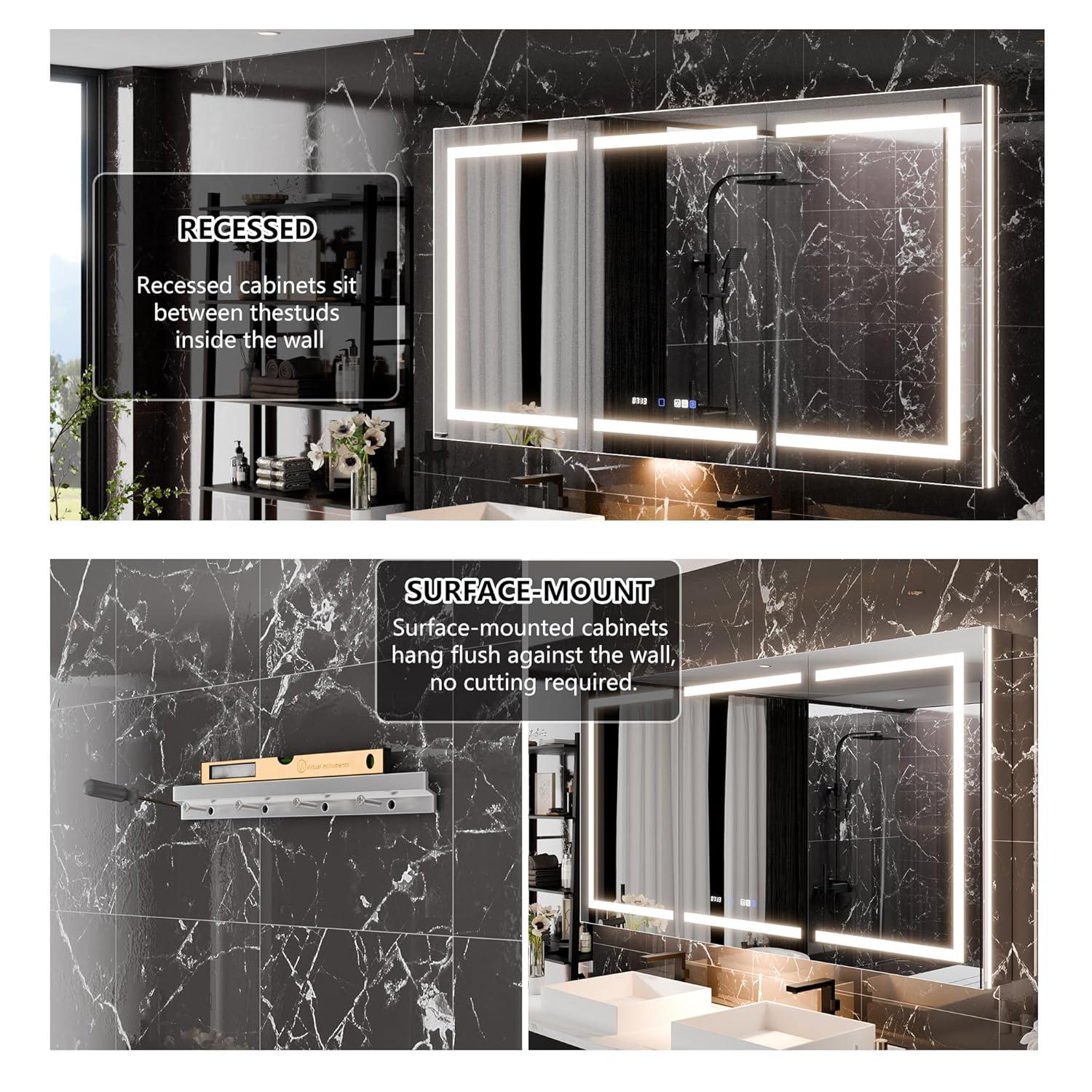 MEDUNJESS MEDUNJESS 72''x36'' Surface or Recessed Mount LED Medicine Cabinet with Mirror and Defogger 3 doors Medicine Cabinet