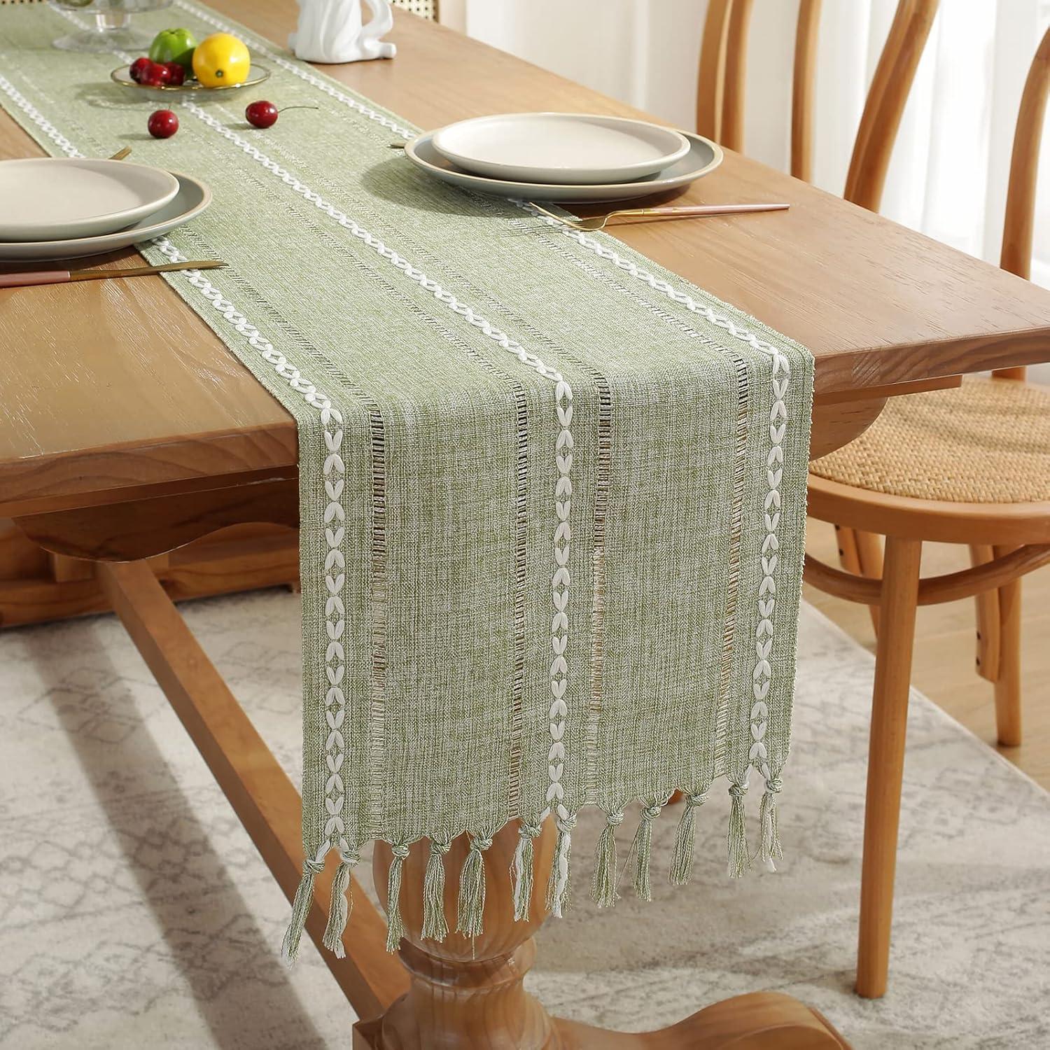 Embroidered, 90-inch Long, Tasseled, Perfect for Holidays & Dining Rooms, Ivory Bohemian Rustic Linen Table Runner