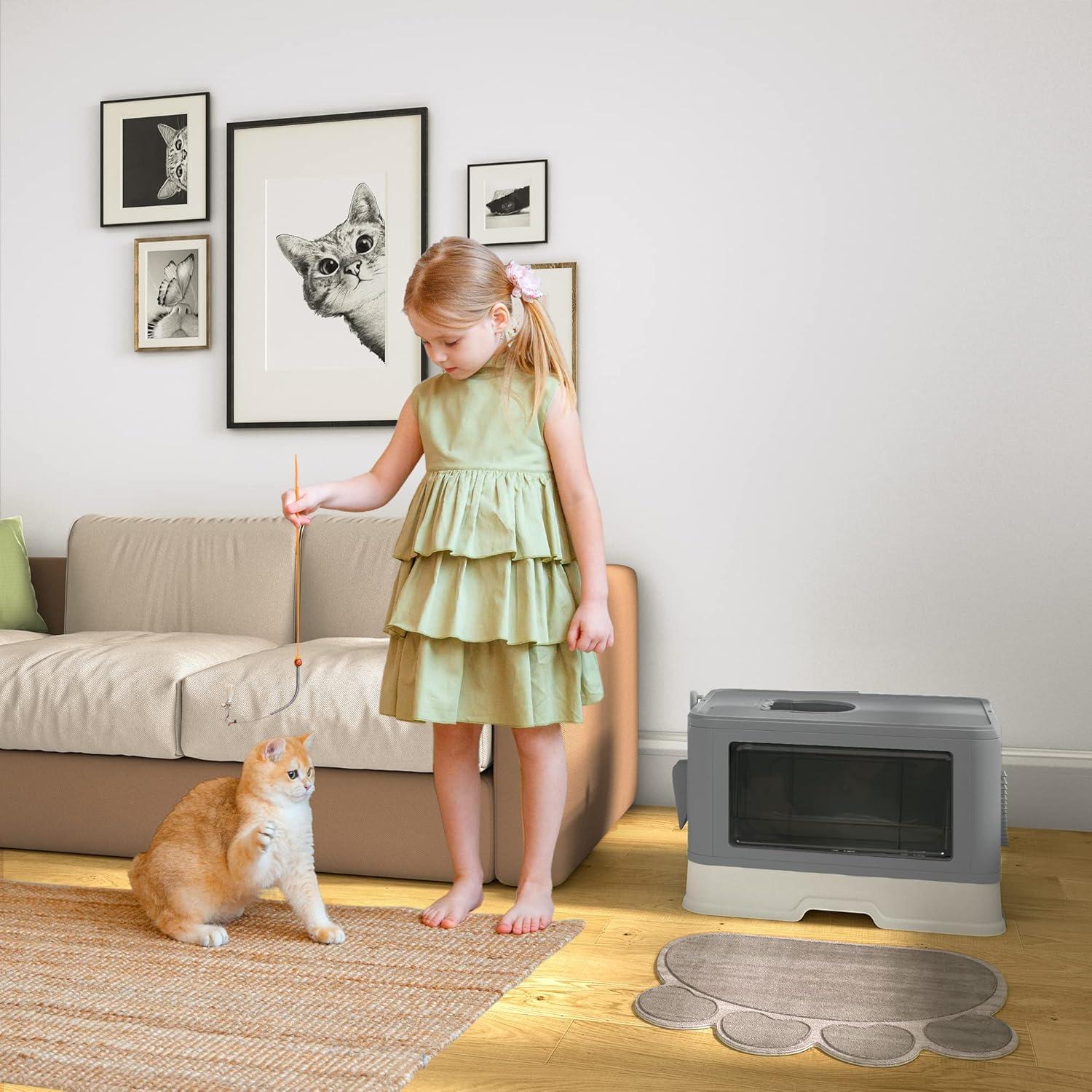 HiiKaa Large Enclosed Cat Litter Box with Lid Cover,Hooded Odorless Cat Toilet with Litter Scoop Cat Self Groomer Deodorizer Filter Front Entry Top Exit Door Gray