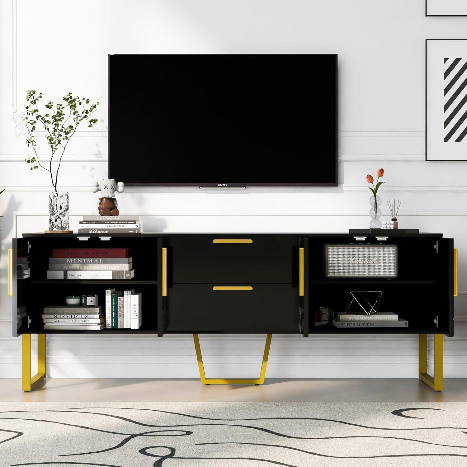 TV Stand for TVs up to 75", Media Entertainment Center with Ample Storage Capacity, Metal Legs and Handles, TV Console with Drawers and Cabinets for Living Room, Black
