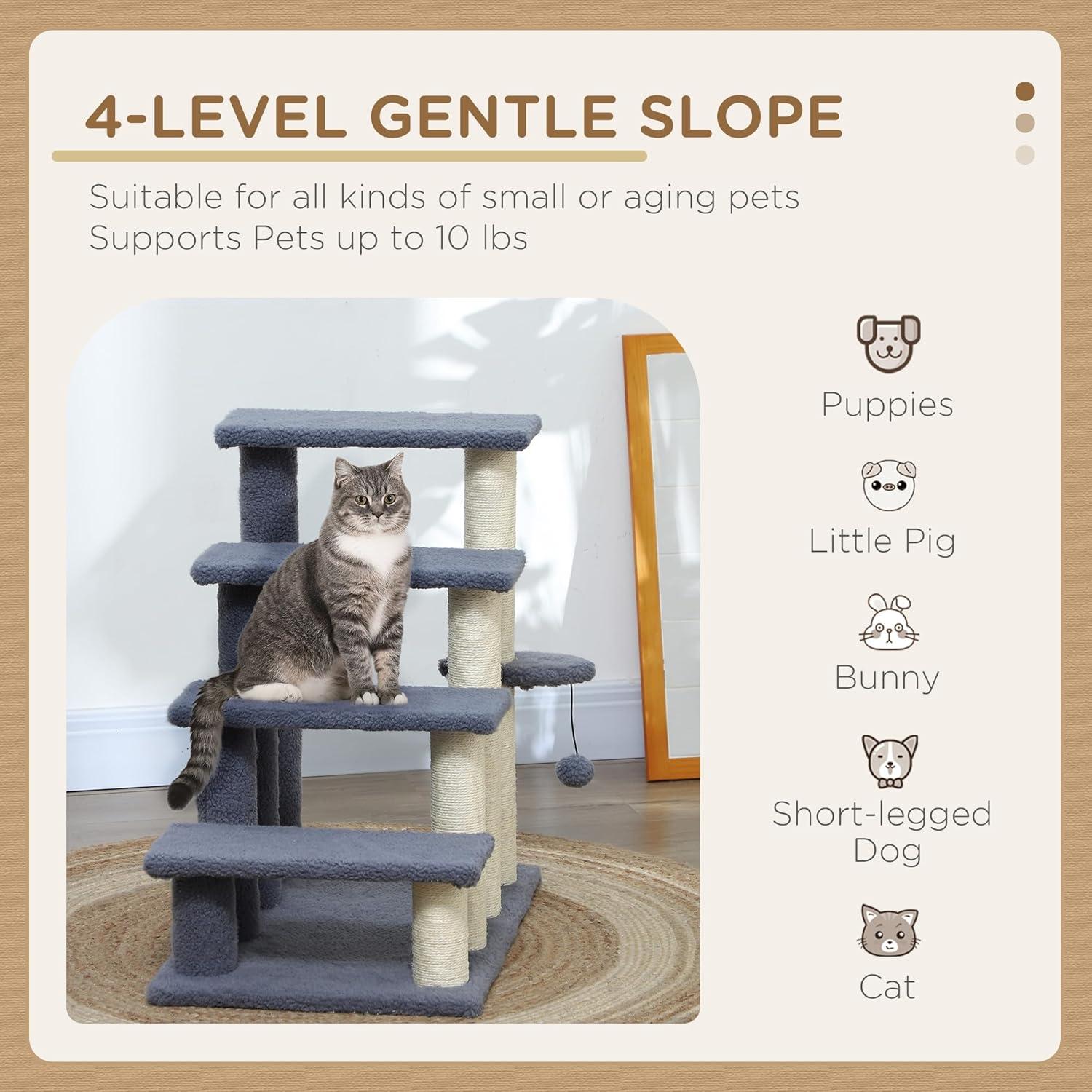 PawHut 4 Levels Cat Steps, Pet Stairs Carpeted Ladder, Kitten Tree Climber with Scratching Posts, Hanging Play Ball, Side Step, Gray