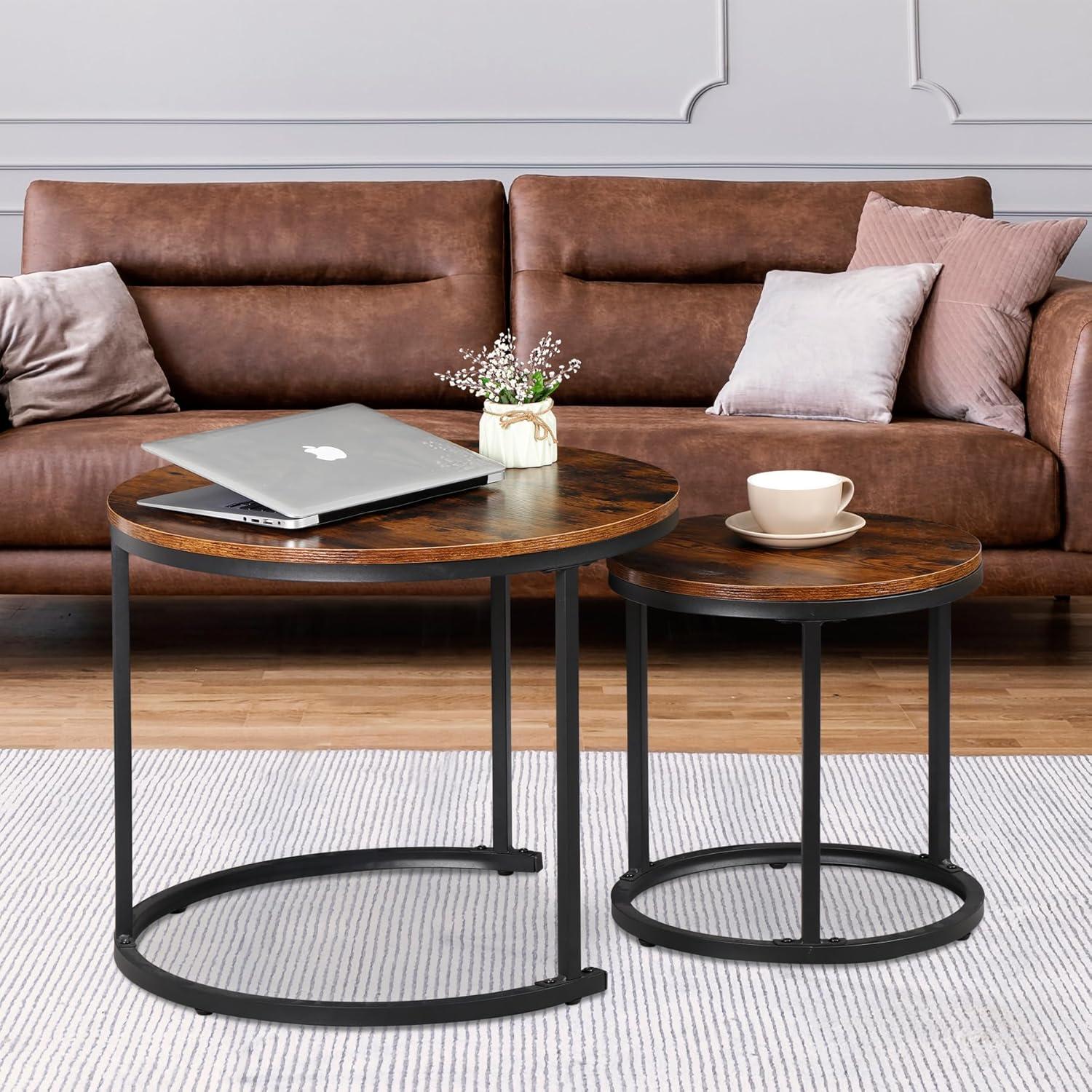 Bennium Industrial Round Nesting Coffee Table Set of 2, Circle Coffee Table Nested Sets Sturdy Stacking Table for Living Room Small Spaces Office, Easy Assemble, Rustic Brown