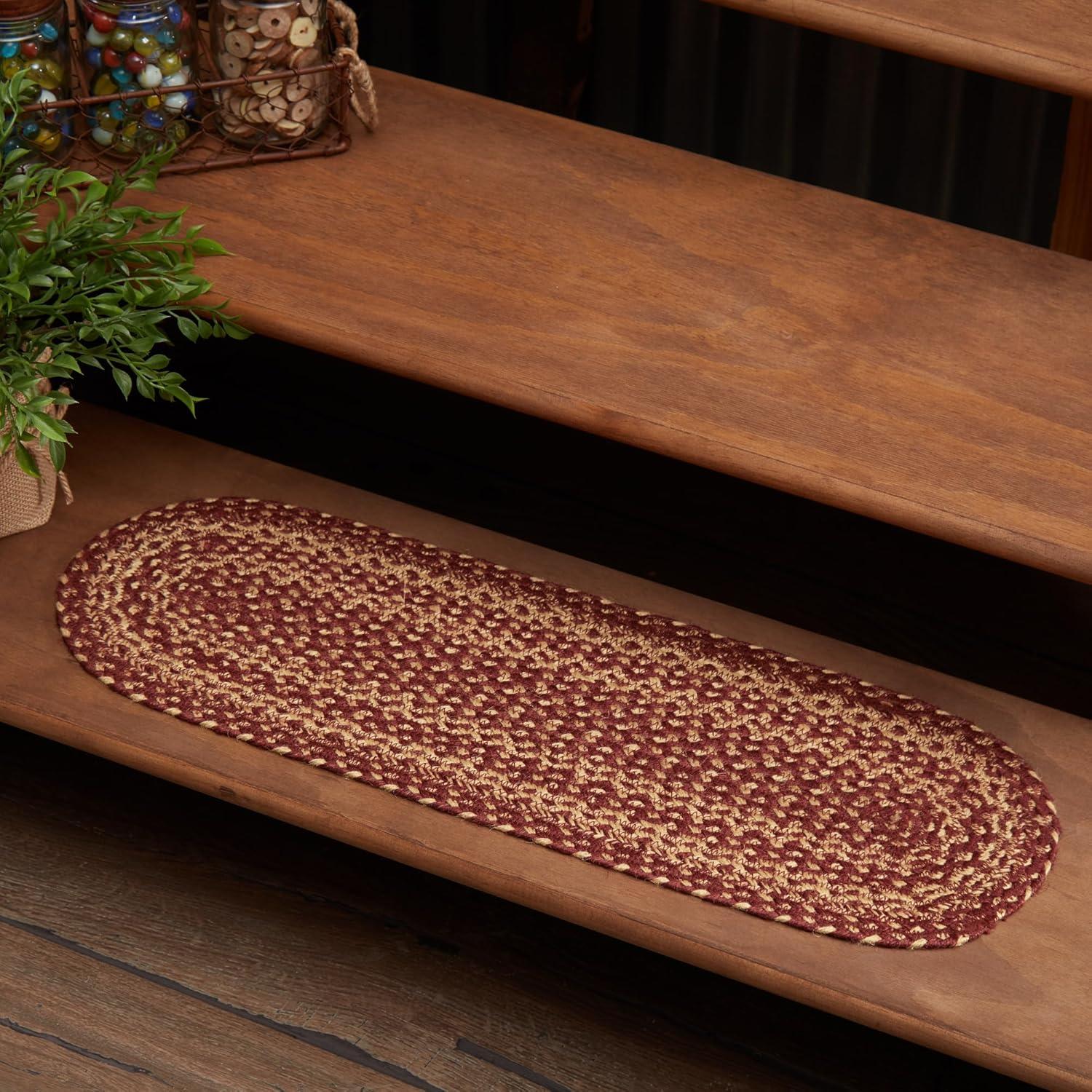 VHC Brands Burgundy Tan Jute Primitive Oval Stair Tread Non Slip Latex Backing, 8.5 x 27"