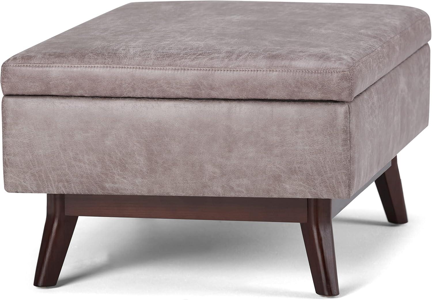 Mid-Century Modern Distressed Gray Taupe Wood Storage Ottoman