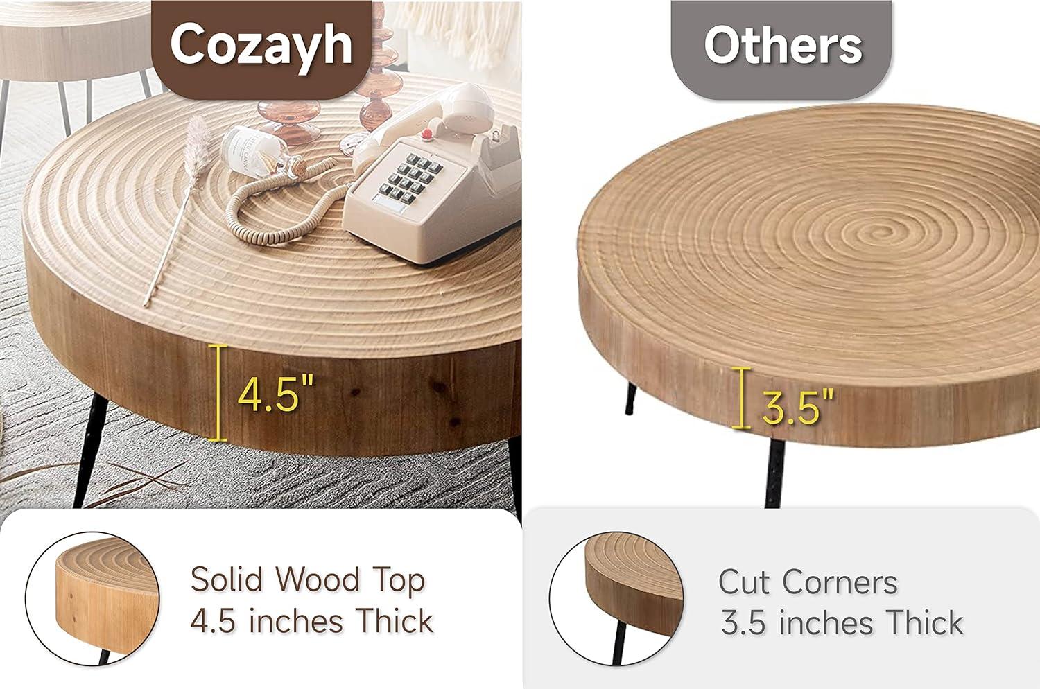 COZAYH 2-Piece Modern Farmhouse Living Room Coffee Table Set, Round Natural Finish with Handcrafted Wood Ring Motif