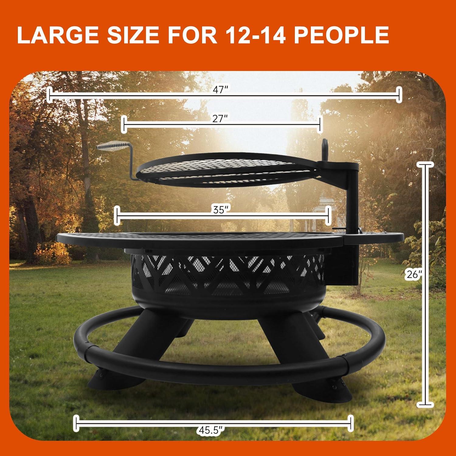 Red Mountain Valley 47" Black Steel Round Fire Pit with Grill