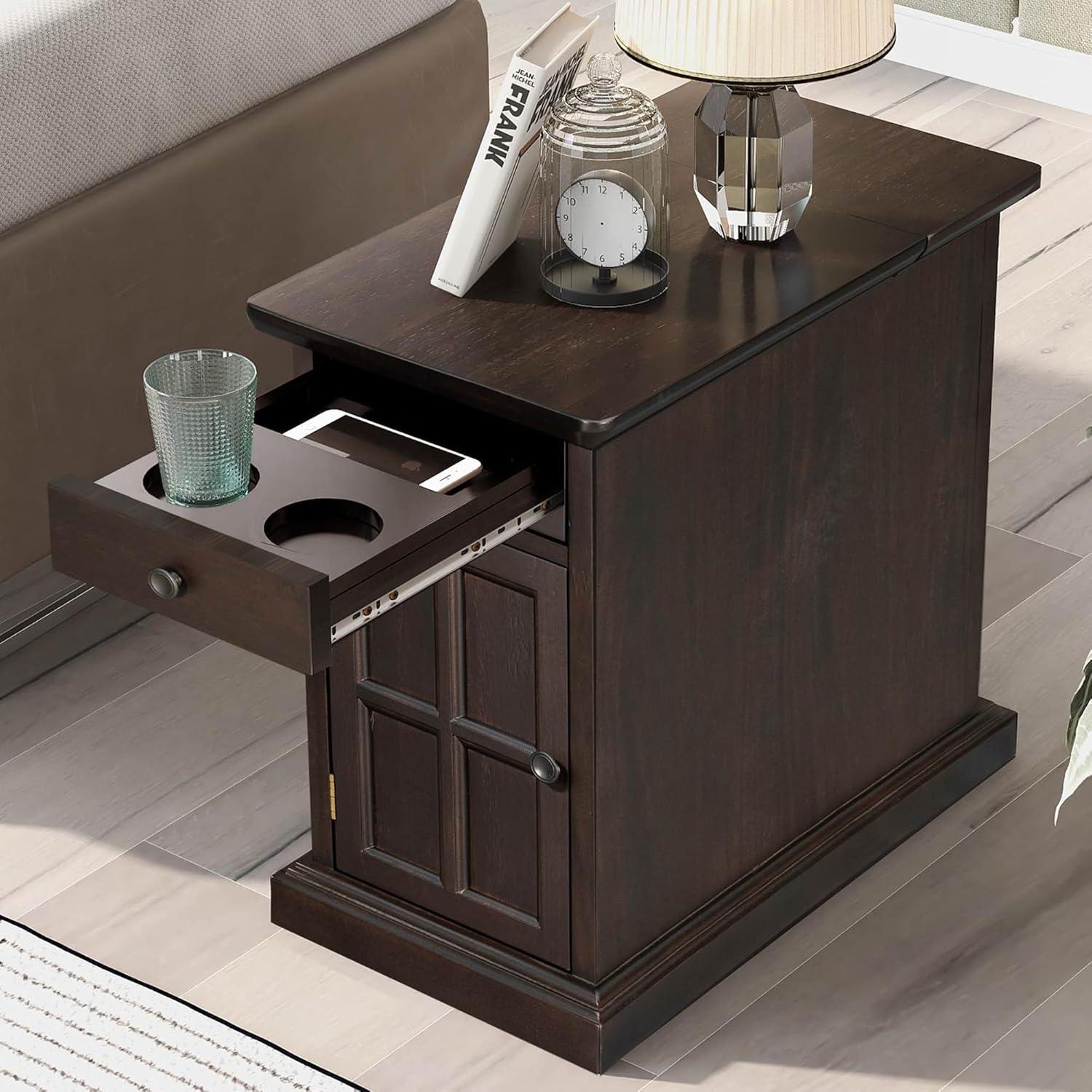 Antique Espresso Wood End Table with Storage and USB Ports