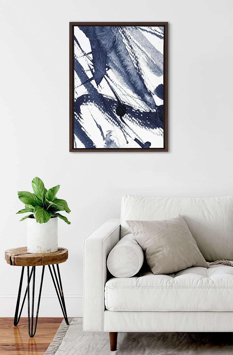 Indigo Watercolor Abstract Canvas Print with Brown Frame