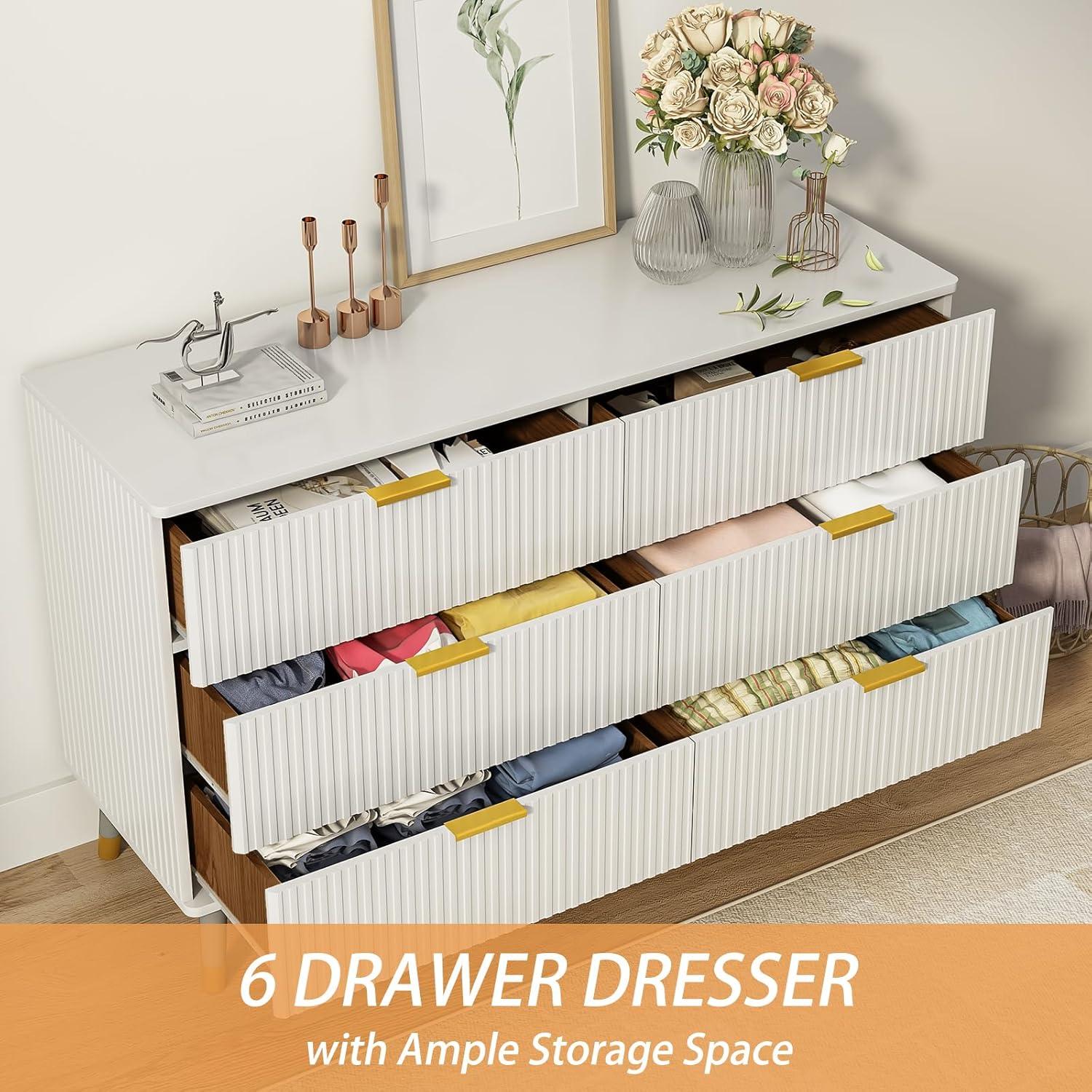 White Fluted 6-Drawer Dresser with Gold Handles