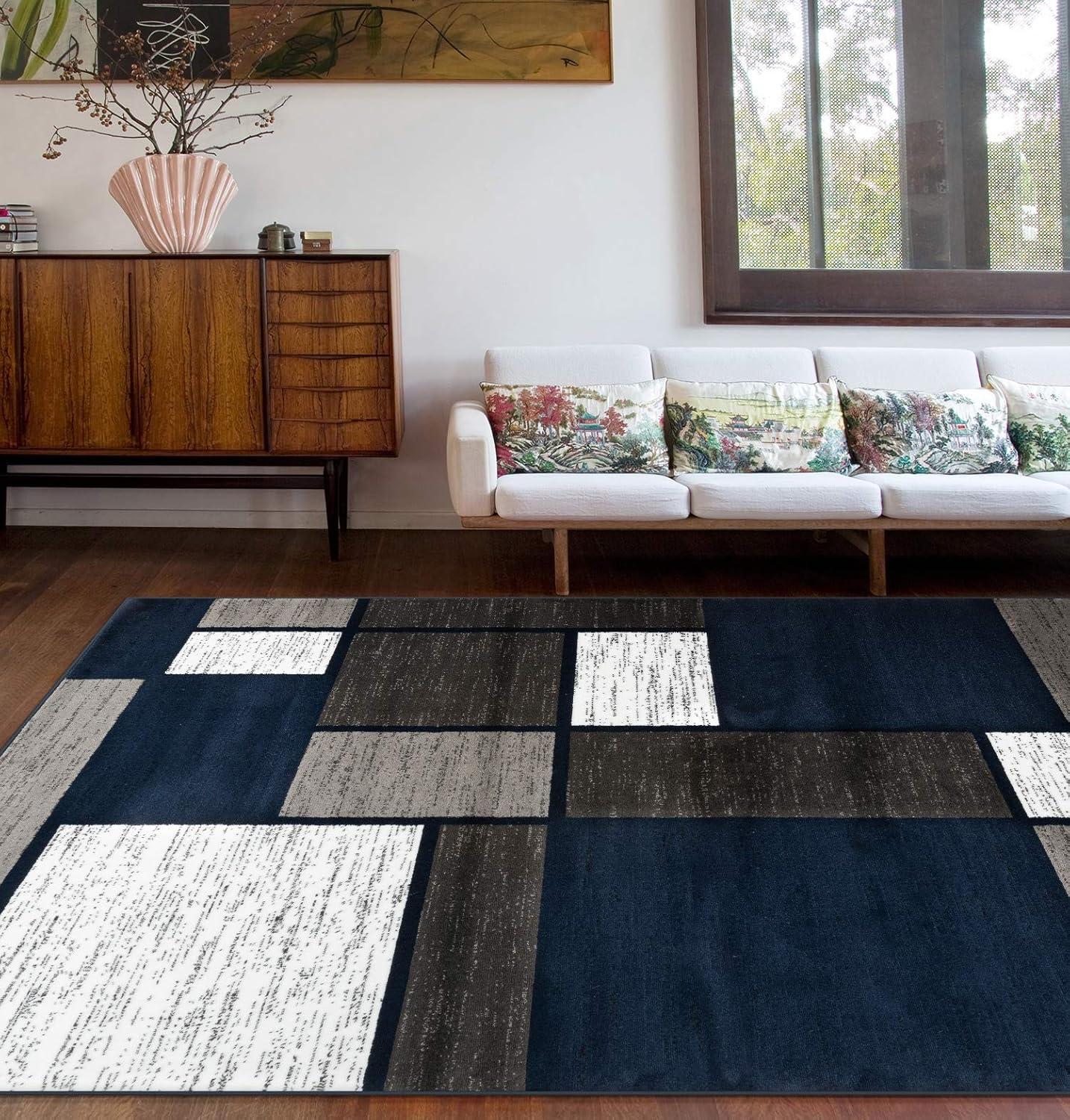 World Rug Gallery  Contemporary Modern Boxed Color Block Area Rug Navy 9' x 12' Geometric, Color Block 9' x 12', 7' x 9' Living Room, Bedroom, Dining