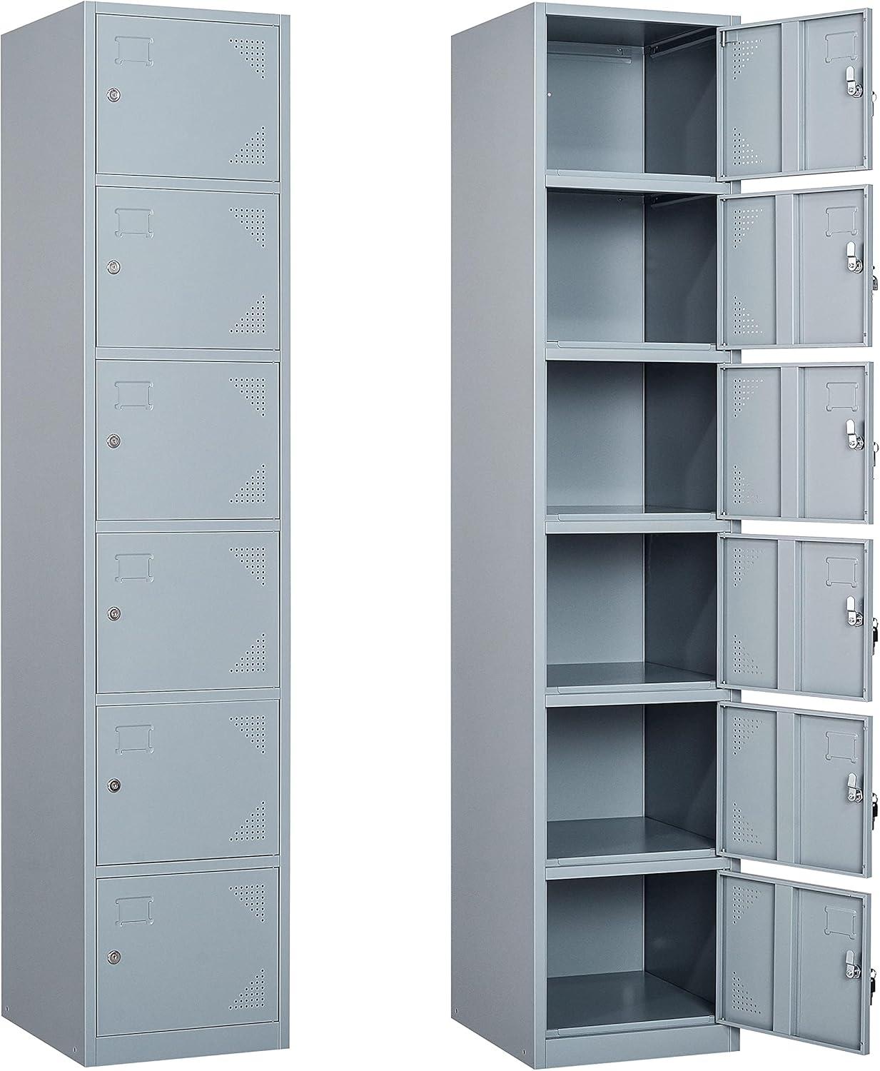 SISESOL Metal Locker Storage Cabinet with Doors and Shelves Metal Lockers with 6 Doors,71" Lockable Small Locker Storage Cabinet for Employees,School, Office, Home, Gym (Gray)