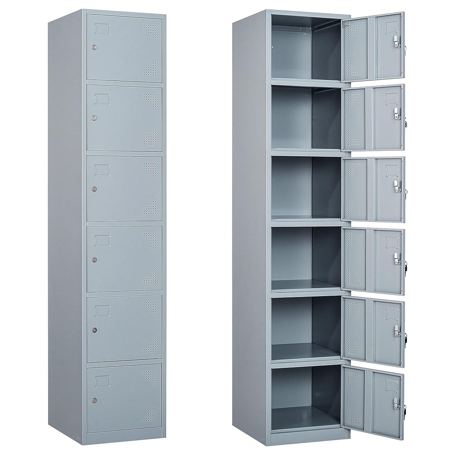 SISESOL Metal Locker Storage Cabinet with Doors and Shelves Metal Lockers with 6 Doors,71" Lockable Small Locker Storage Cabinet for Employees,School, Office, Home, Gym (Gray)