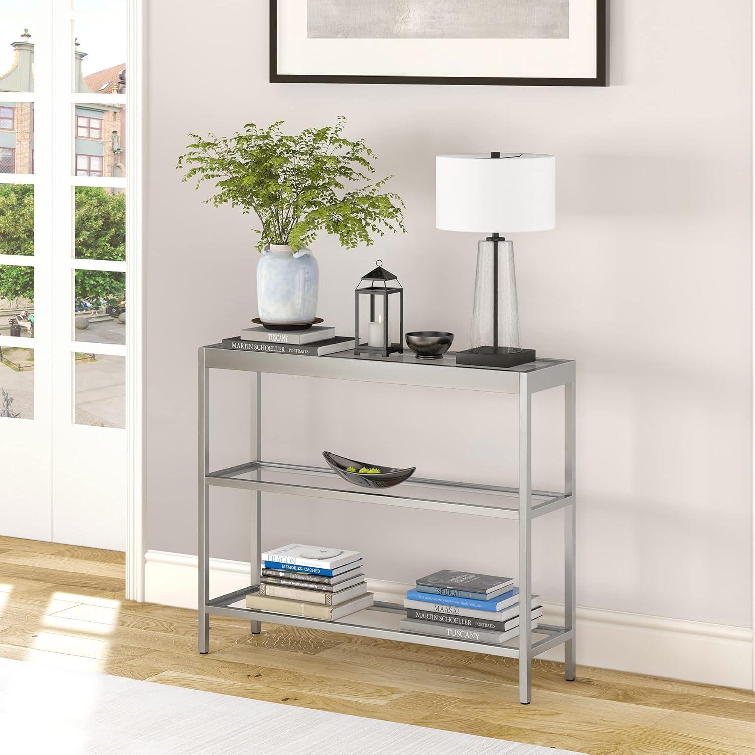 Satin Nickel 36" Wide Metal & Glass Console Table with Storage