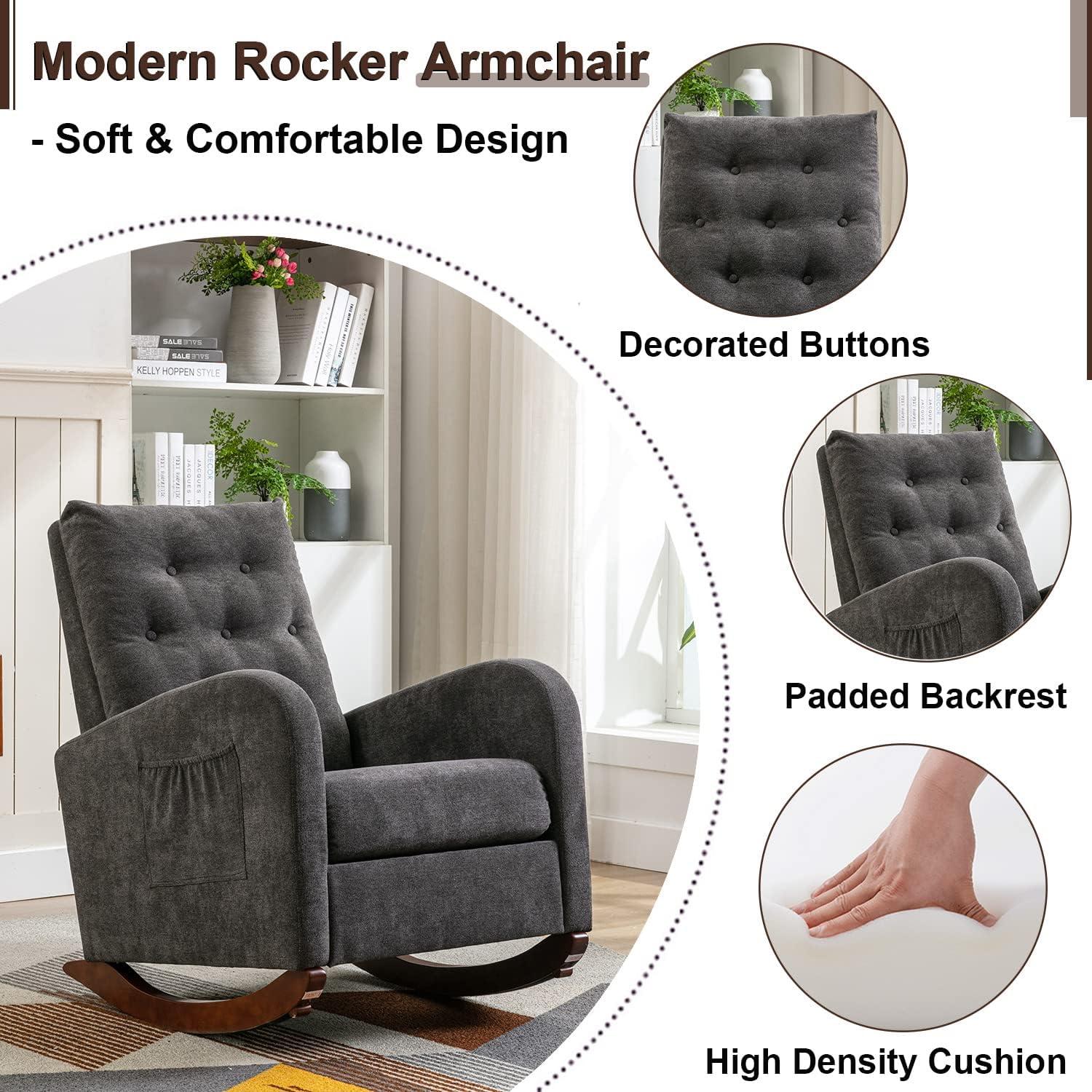 Antetek Modern Accent Rocking Chair, Upholstered Nursery Glider Rocker, Comfy Armchair with Side Pocket, Living Room Lounge Arm Chair, High Backrest with Decorative Buttons, Dark Grey
