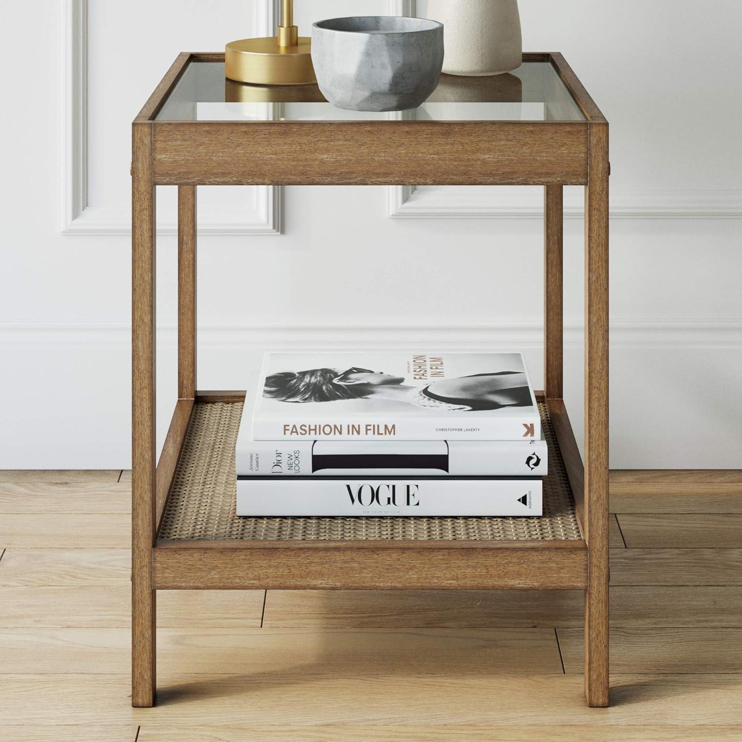 Hayes Solid Wood Rattan and Glass Top Side Table Brushed Light Brown - Nathan James