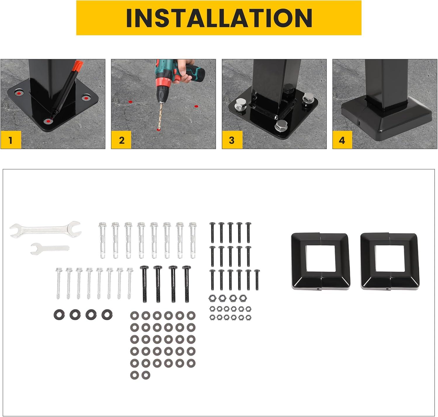 KUAFU 4-5 Step Hand Rail, Handrails for Outdoor Steps, 4-5 Steps Adjustable Outdoor Garden Railing for Stairs Black Steel Powder Coated Heavy Duty