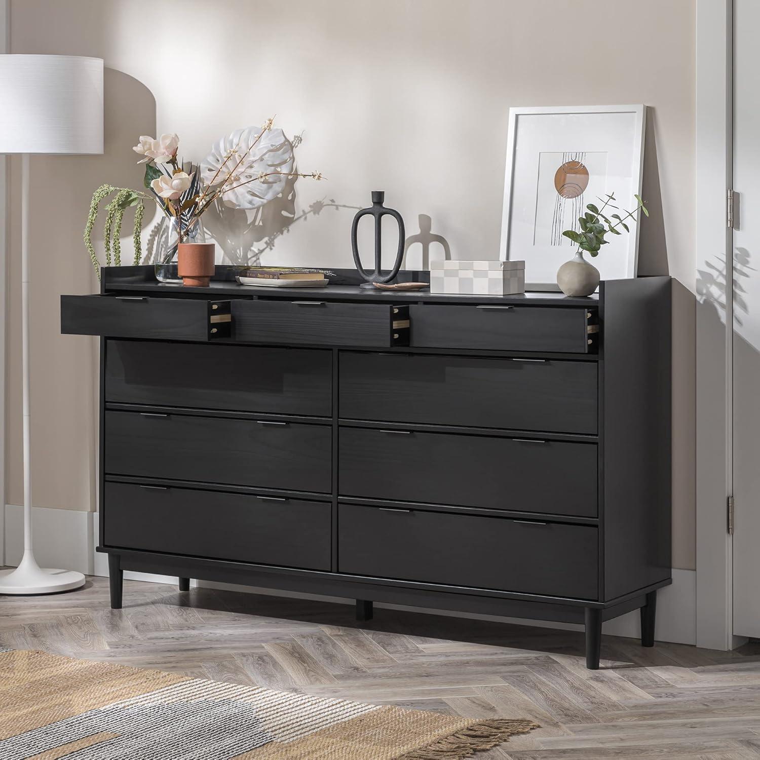 Black Solid Wood Mid-Century 9-Drawer Dresser